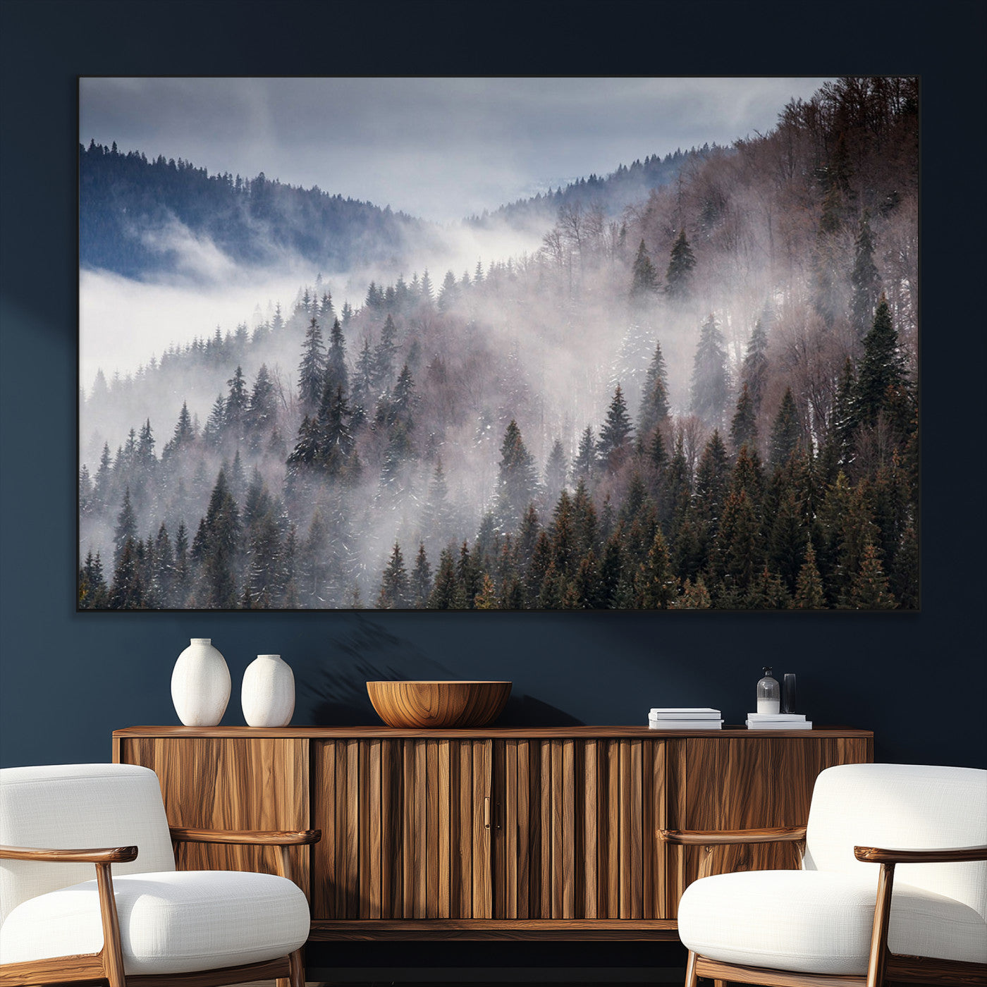 18459-SEG-FC-51X34_Oversize_Oversize-Misty Pine Forest Wall Art – Serene Mountain Landscape Canvas Print, Tranquil Nature Artwork for Living Room, Bedroom, Cabin or