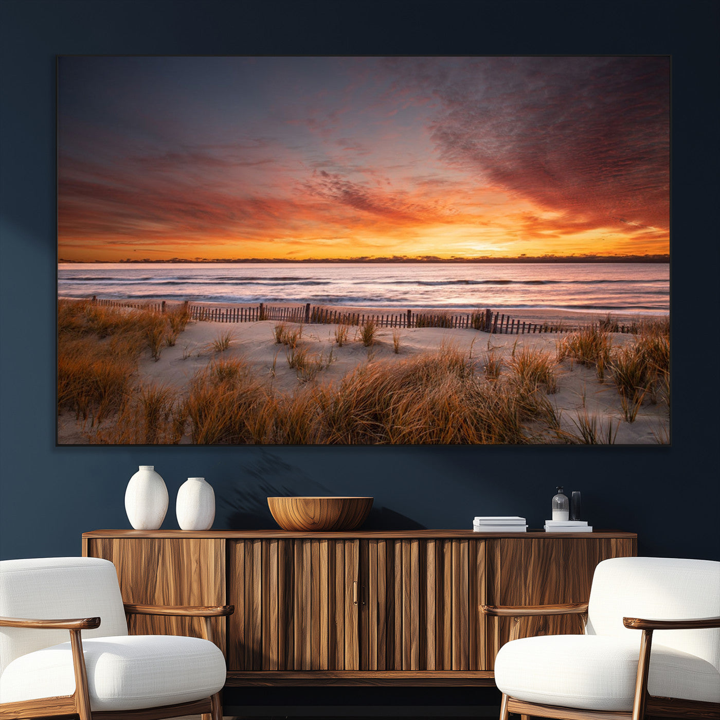 90176-MGV-CV-36X24-Beach Sunset Wall Art – Coastal Sand Dune Canvas Print with Ocean Waves and Dramatic Sky, Seaside Landscape Decor for Living Room