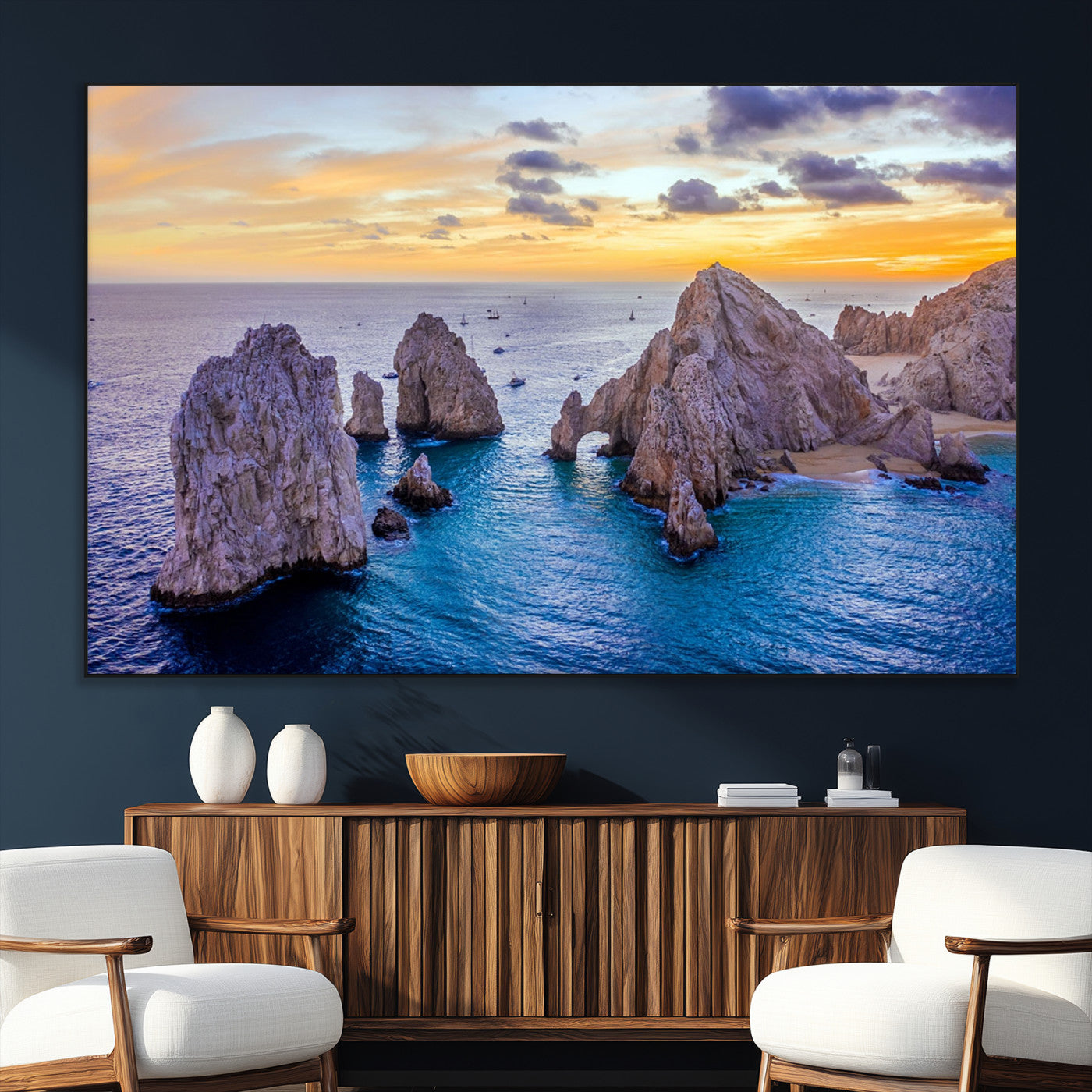 72955-MGV-CV-36X24-Ocean Rock Formation Wall Art – Sunset Coastal Seascape Print, Beach Landscape Decor for Living Room or Office