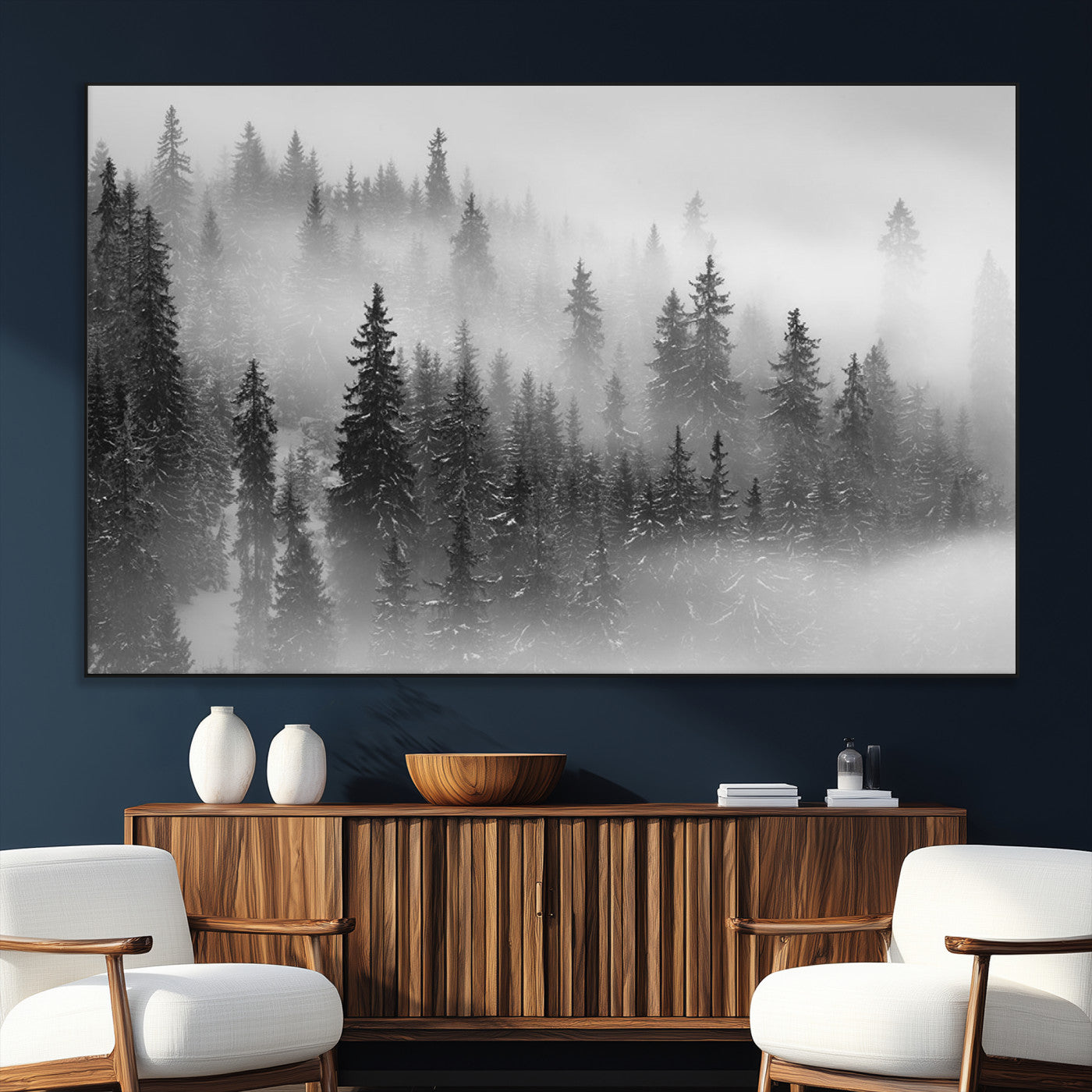 57235-MGV-CV-36X24-Misty Pine Forest Wall Art – Black and White Mountain Landscape Canvas Print, Nature Woodland Decor for Living Room, Bedroom or