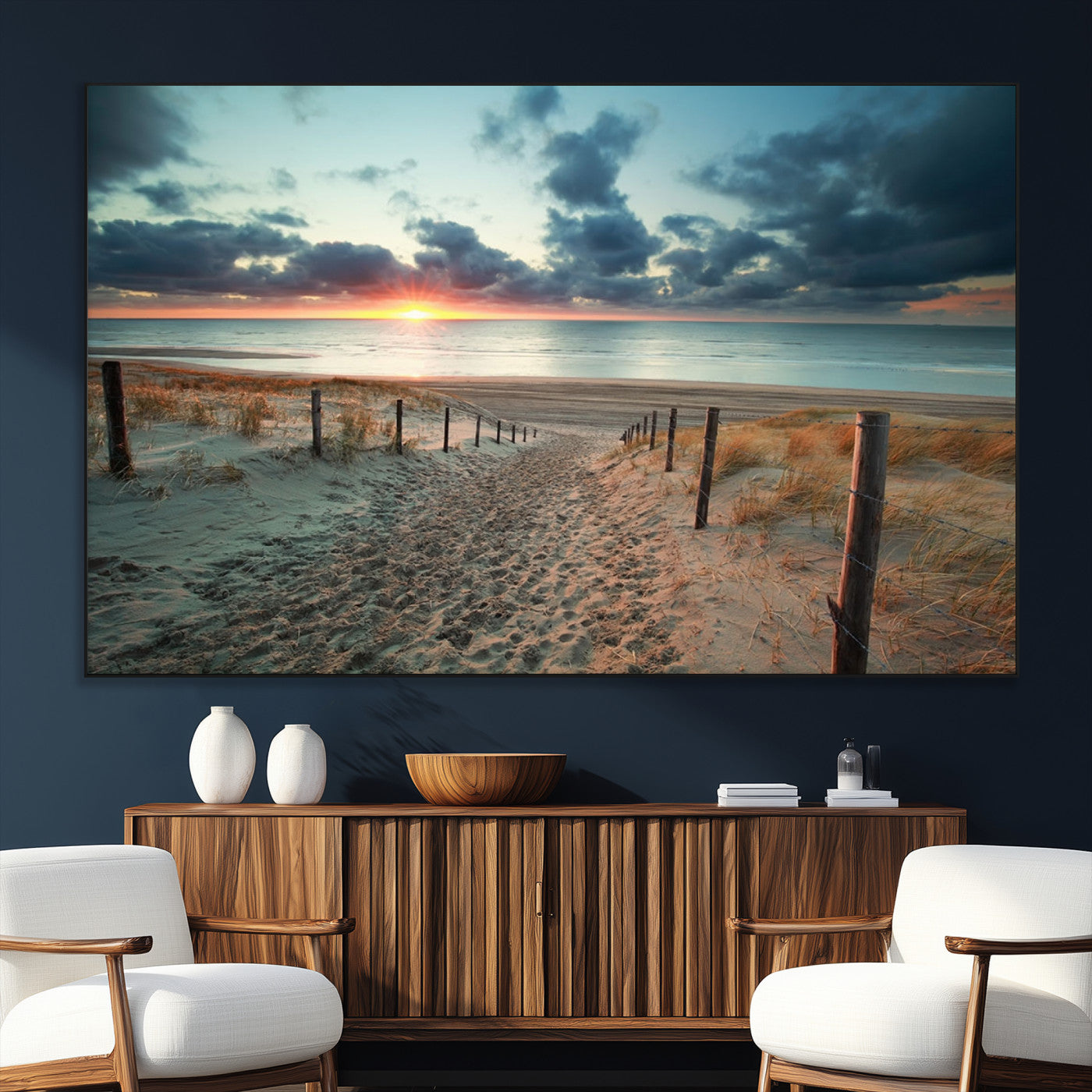 25788-MGV-CV-36X24-Sunset Beach Path Wall Art – Scenic Coastal Dunes and Ocean Canvas Print, Tranquil Seaside Landscape Decor for Living Room or