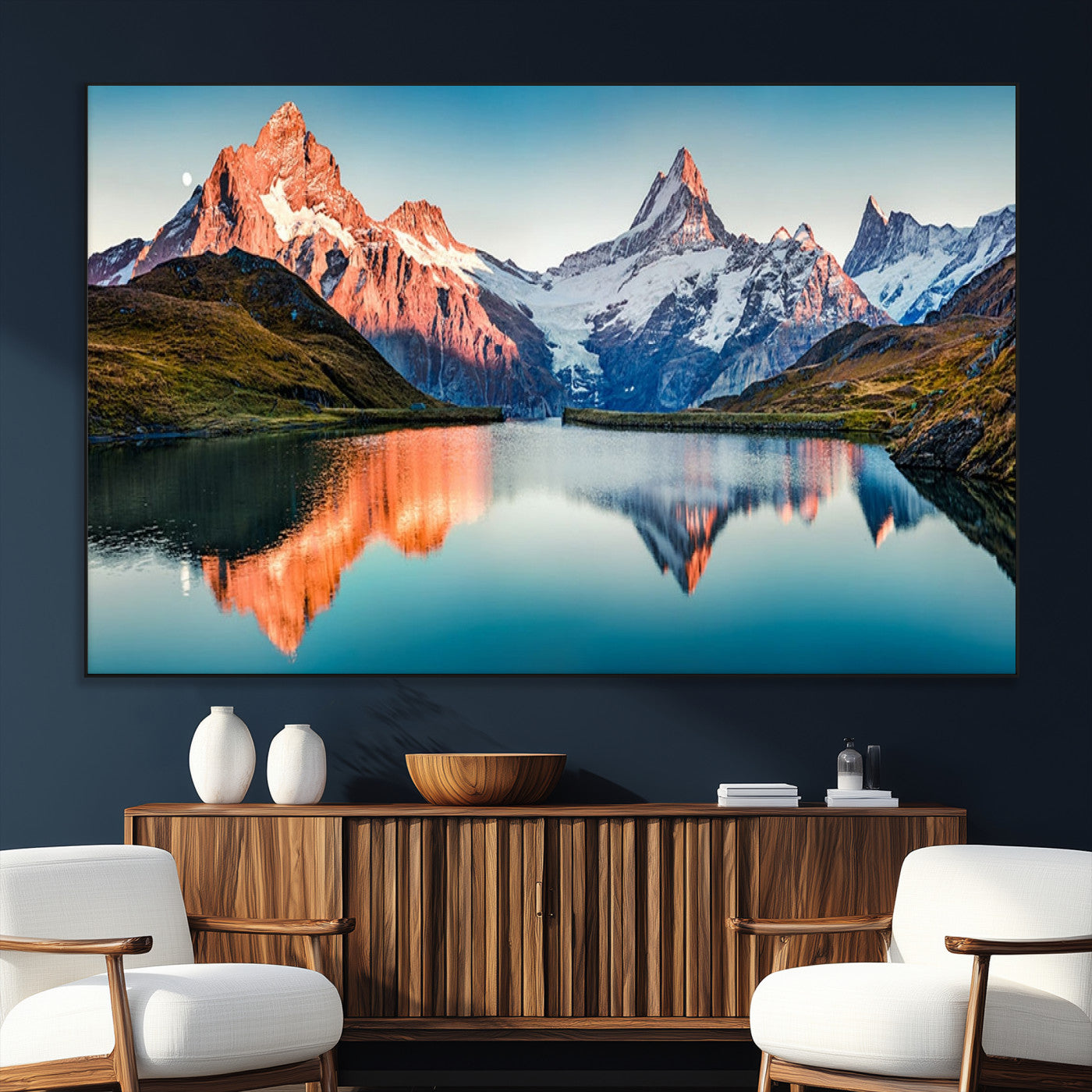 88453-SEG-FC-51X34_Oversize_Oversize-Mountain Lake Wall Art – Snow-Capped Peaks Reflected in Alpine Water Canvas Print, Nature Landscape Wall Decor for Living Room or