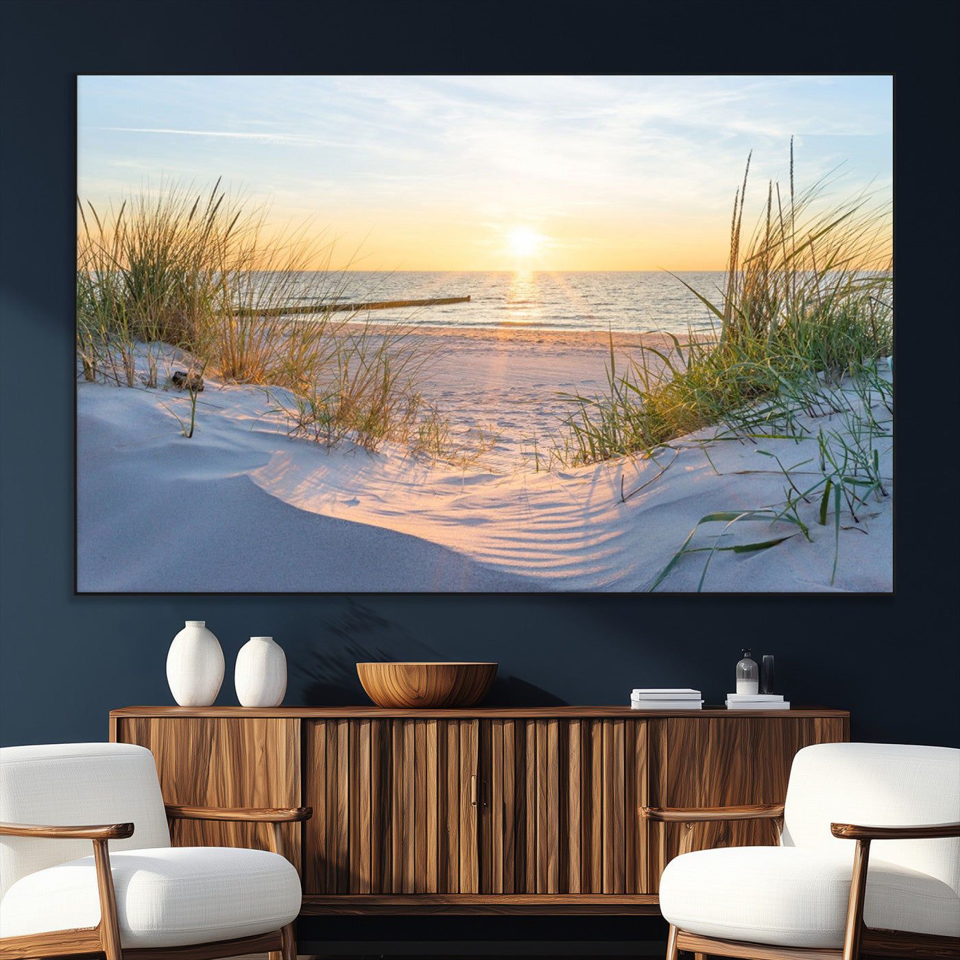 48907-MGV-CV-36X24-Beach Sunset Wall Art – Coastal Sand Dunes and Ocean View Canvas Print, Serene Seaside Landscape Painting for Living Room, Bedroom