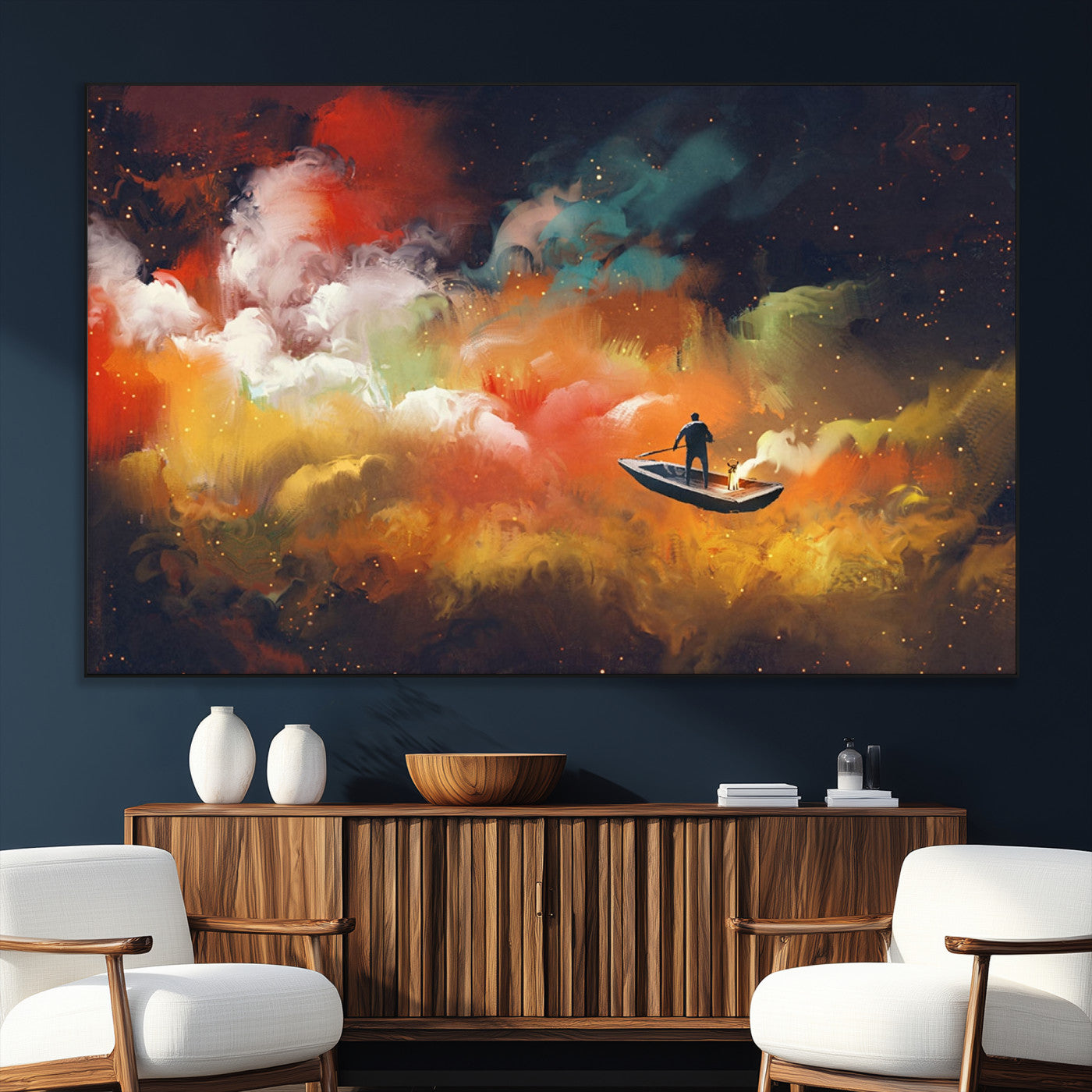 45085-SEG-FC-51X34_Oversize_Oversize-Surreal Cosmic Wall Art – Abstract Galaxy Dreamscape Canvas Print with Man and Dog in Boat, Fantasy Nebula Painting for Living