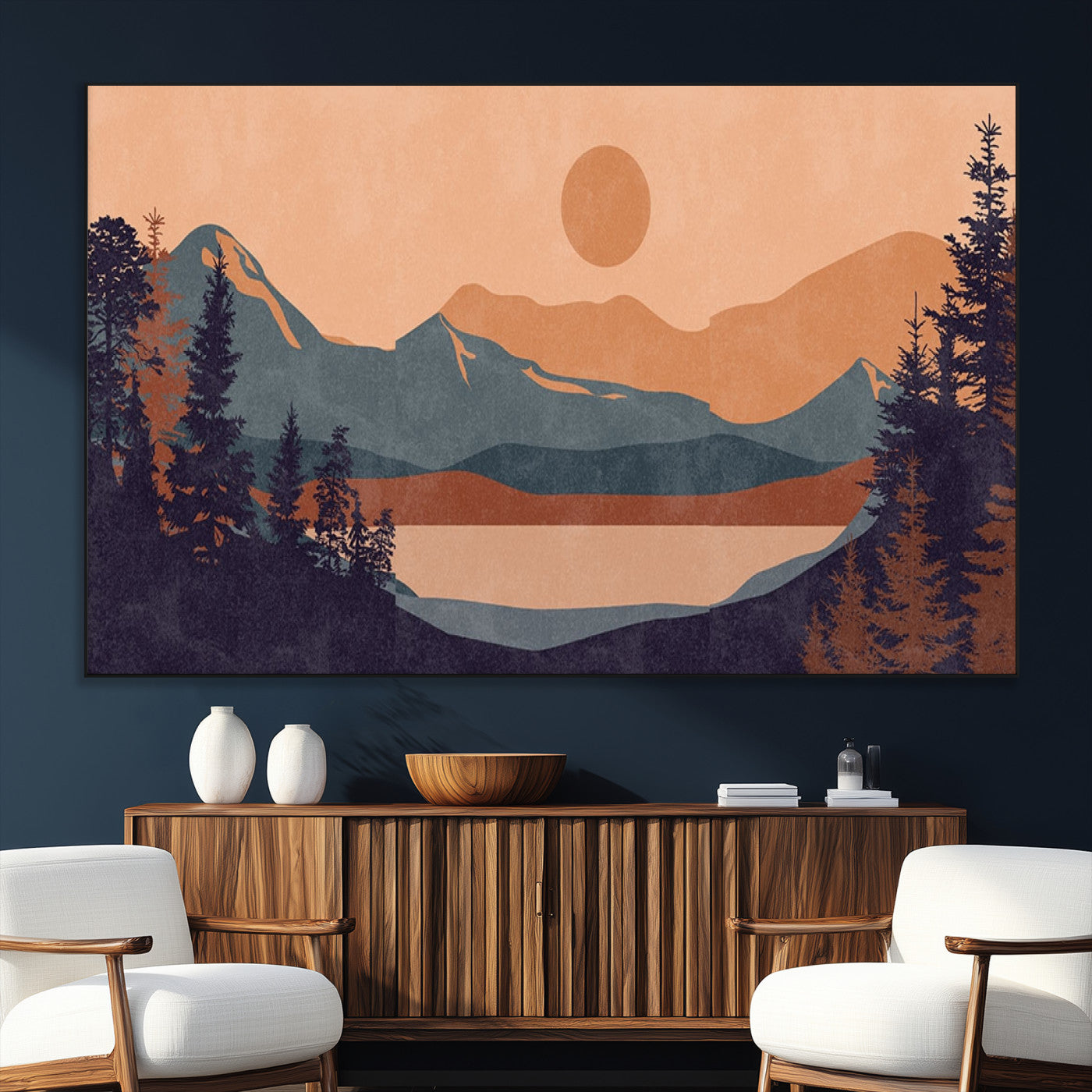 62795-SEG-FC-51X34_Oversize_Oversize-Minimalist Mountain Landscape Wall Art – Abstract Sunset Over Peaks and Pine Trees Canvas Print, Modern Nature Decor for Living