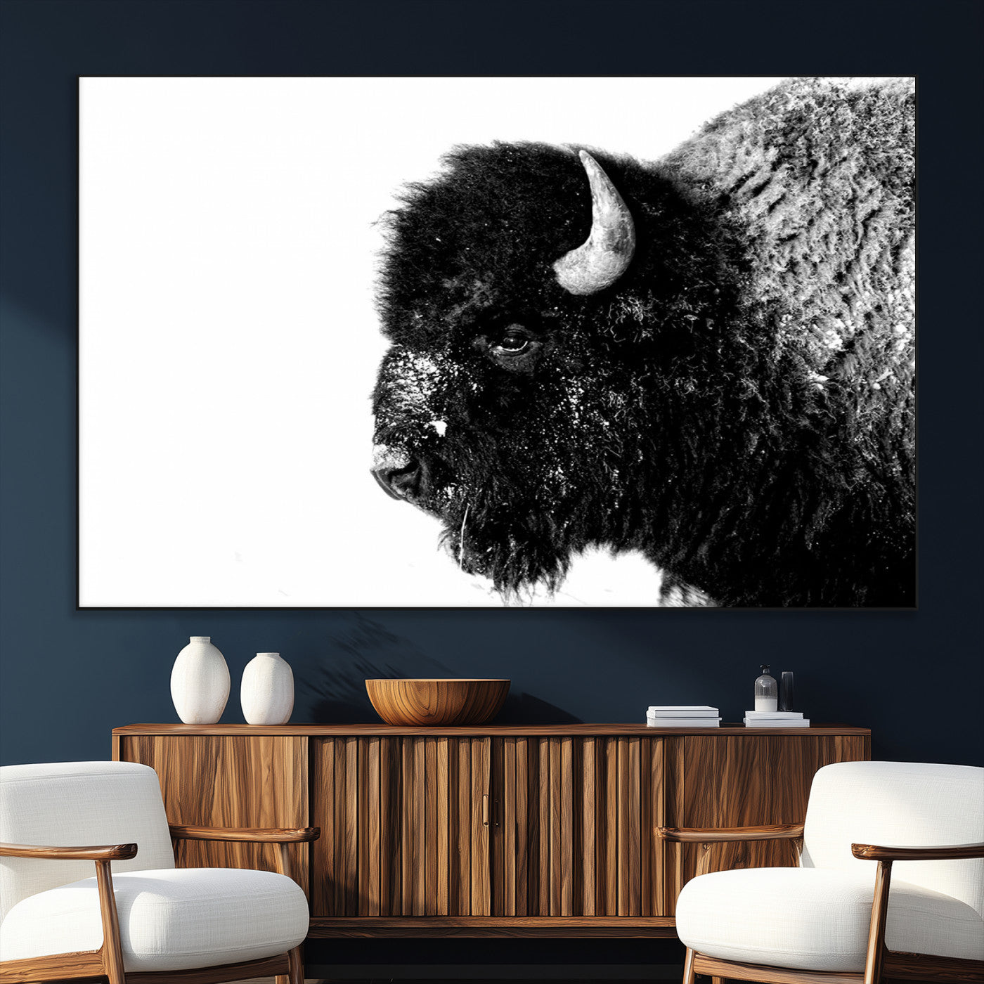 68780-SEG-FC-51X34_Oversize_Oversize-Bison Close-Up Wall Art – Black and White Buffalo Canvas Print, Rustic Wildlife Photography Decor for Living Room, Office, or