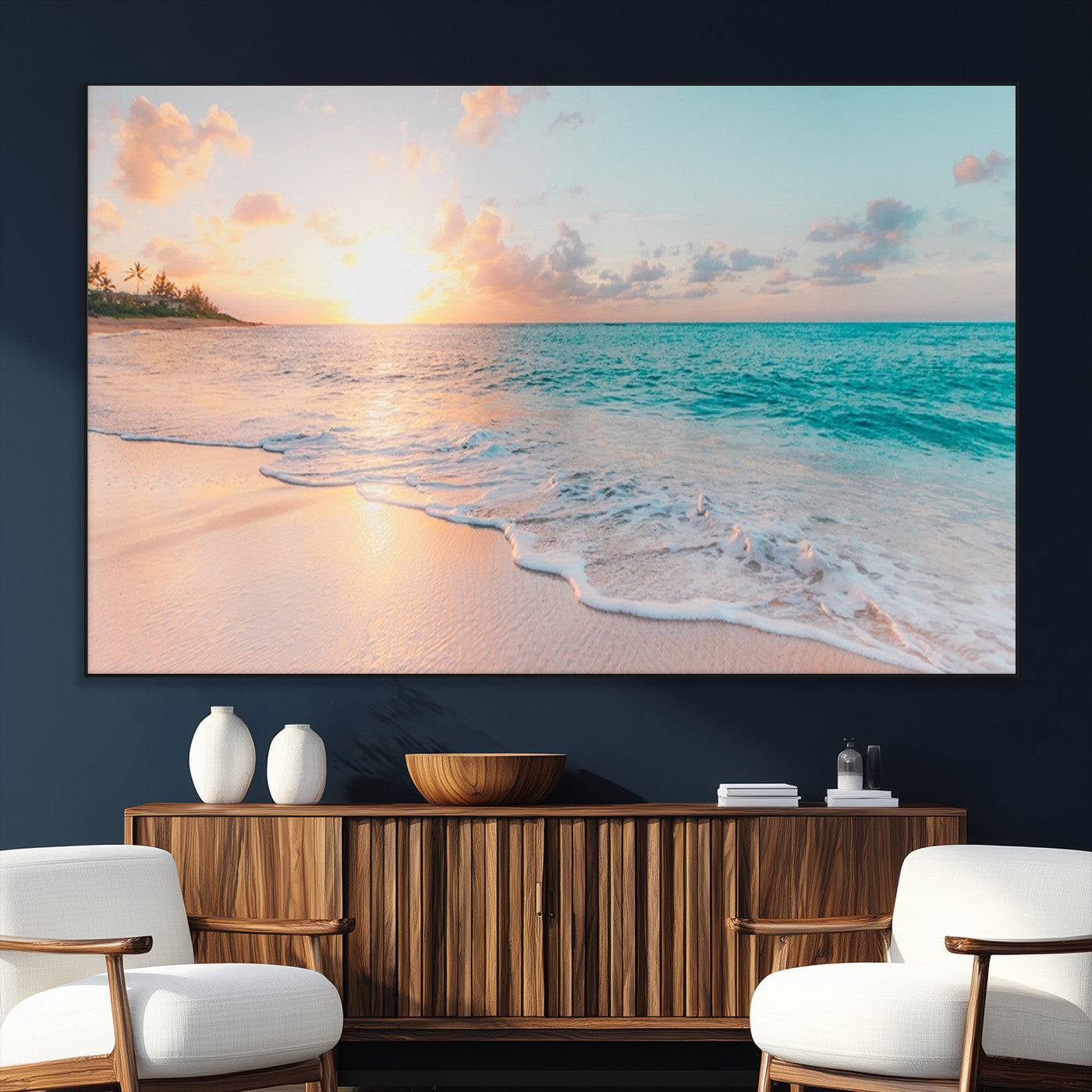 89767-MGV-CV-36X24-Ocean Sunset Wall Art – Serene Beach Canvas Print with Pastel Sky and Waves, Coastal Seascape Artwork for Bedroom, Living Room, or