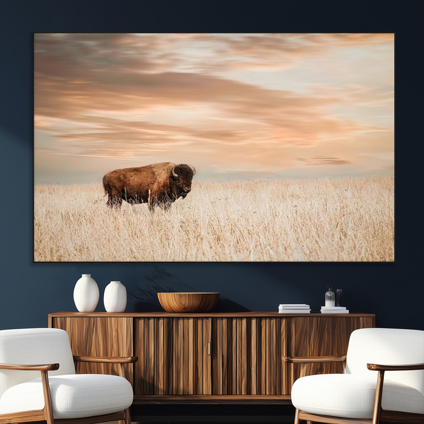 99699-MGV-CV-36X24-Bison in Prairie at Sunset – Wildlife Photography Print, American Buffalo Wall Art, Nature Landscape Canvas Decor for Office