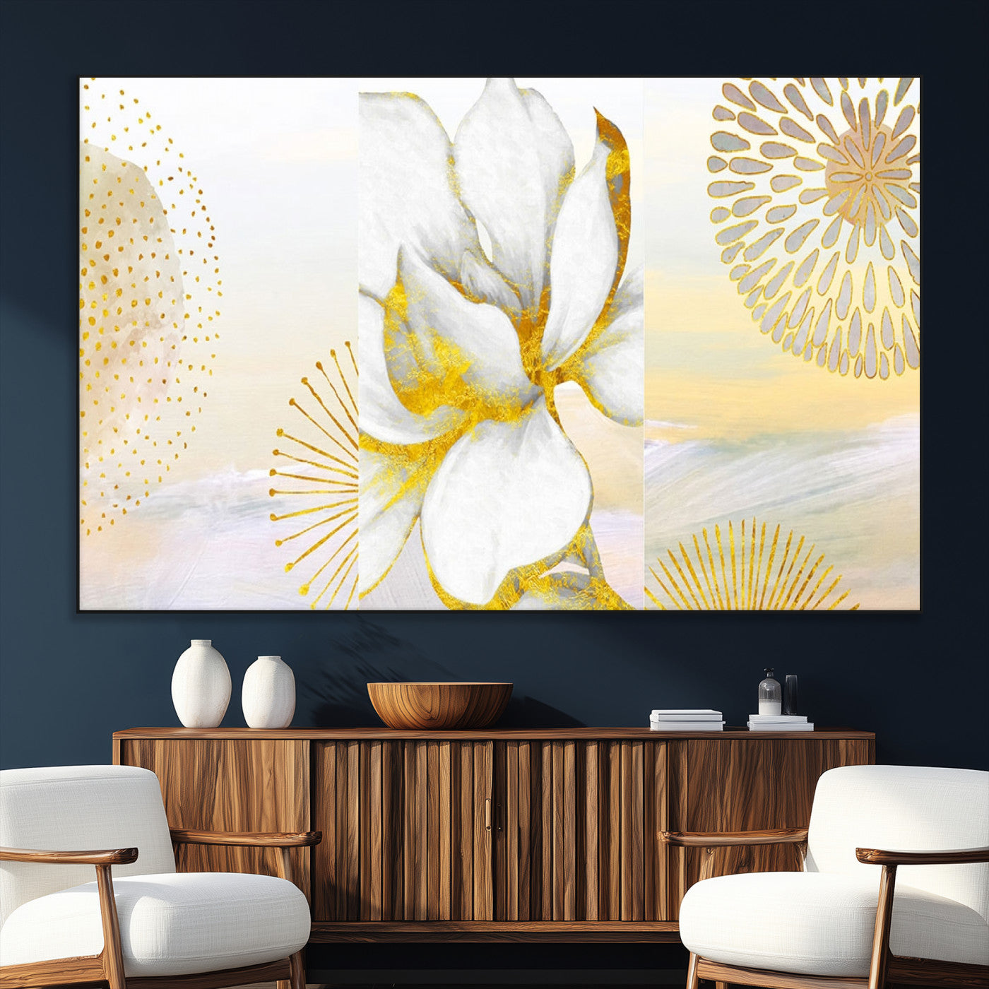 82301-MGV-CV-36X24-Modern Floral Wall Art – White Flower with Gold Detailing Canvas Print, Elegant Abstract Artwork for Living Room, Bedroom, or