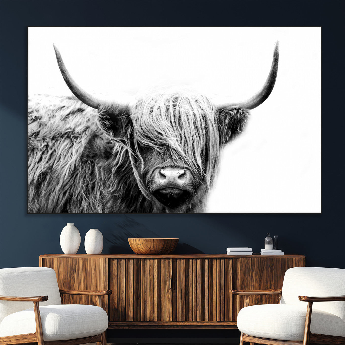 51957-MGV-CV-36X24-Highland Cow Wall Art – Black and White Scottish Highland Bull Canvas Print, Rustic Farmhouse Animal Decor for Living Room,