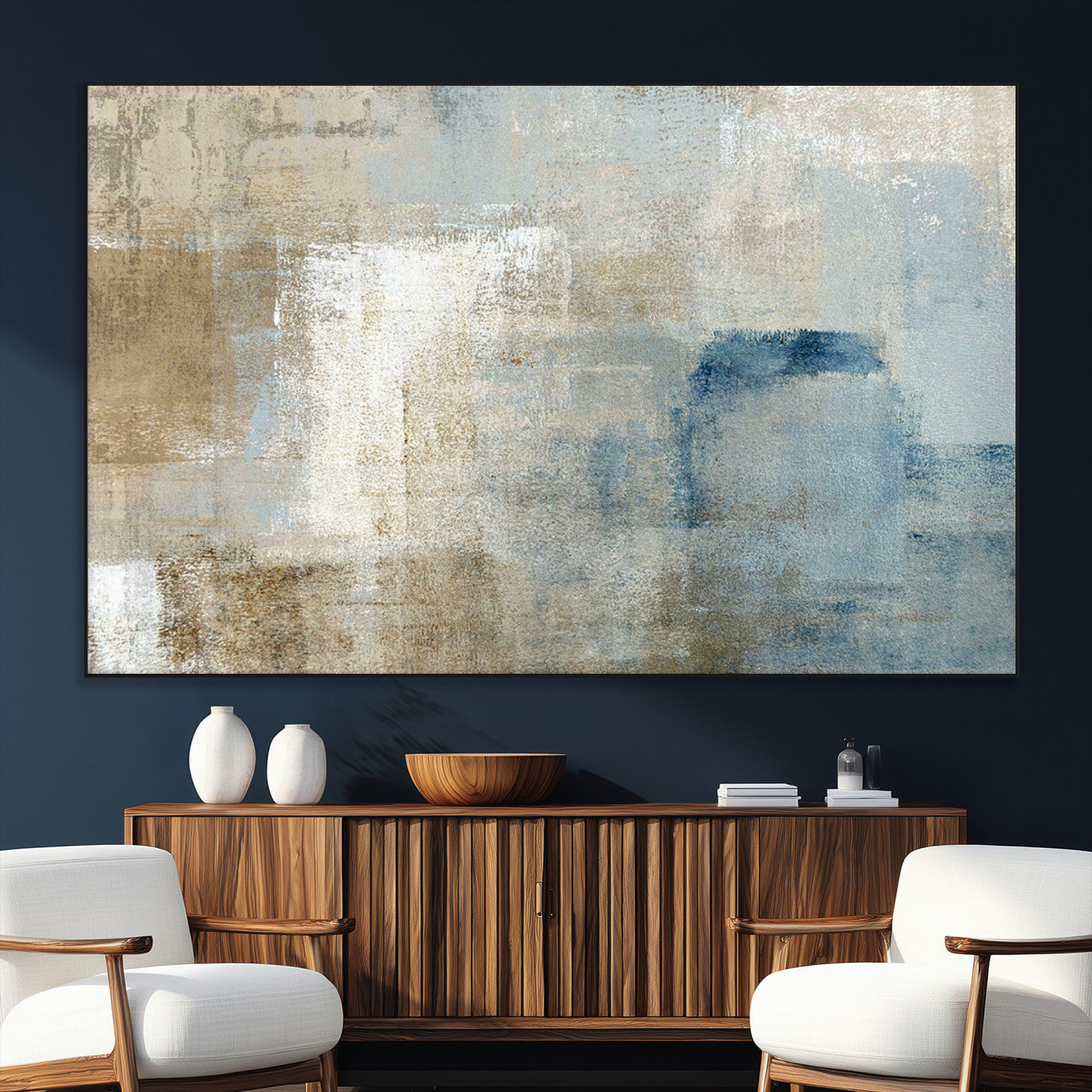 38126-MGV-CV-36X24-Neutral Abstract Wall Art – Modern Beige and Blue Canvas Print and Minimalist Textured Painting for Living Room, Bedroom or Office