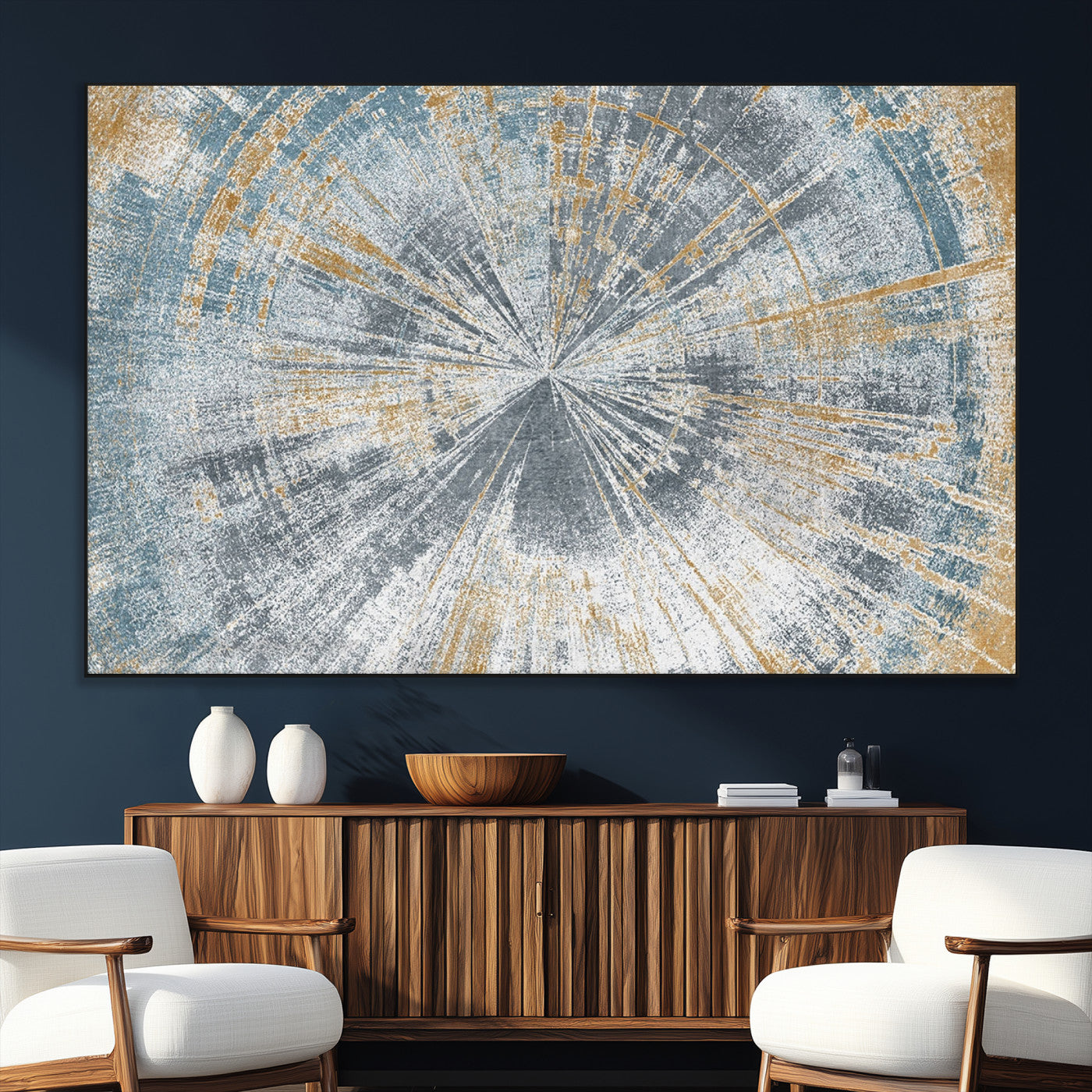 17631-MGV-CV-36X24-Radiant Burst Wall Art – Abstract Sunburst Canvas Print in Blue and Gold, Modern Geometric Painting for Living Room, Office or