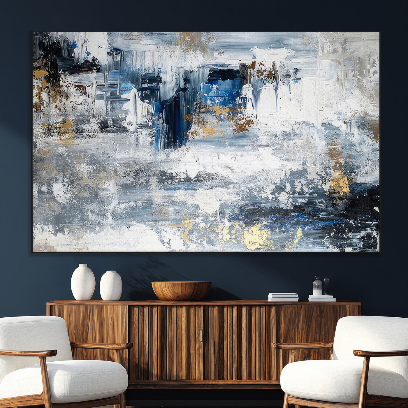 59716-MGV-CV-36X24-Abstract Blue and Gold Wall Art – Modern Textured Canvas Print, Contemporary Painting for Living Room, Bedroom, or Office Decor