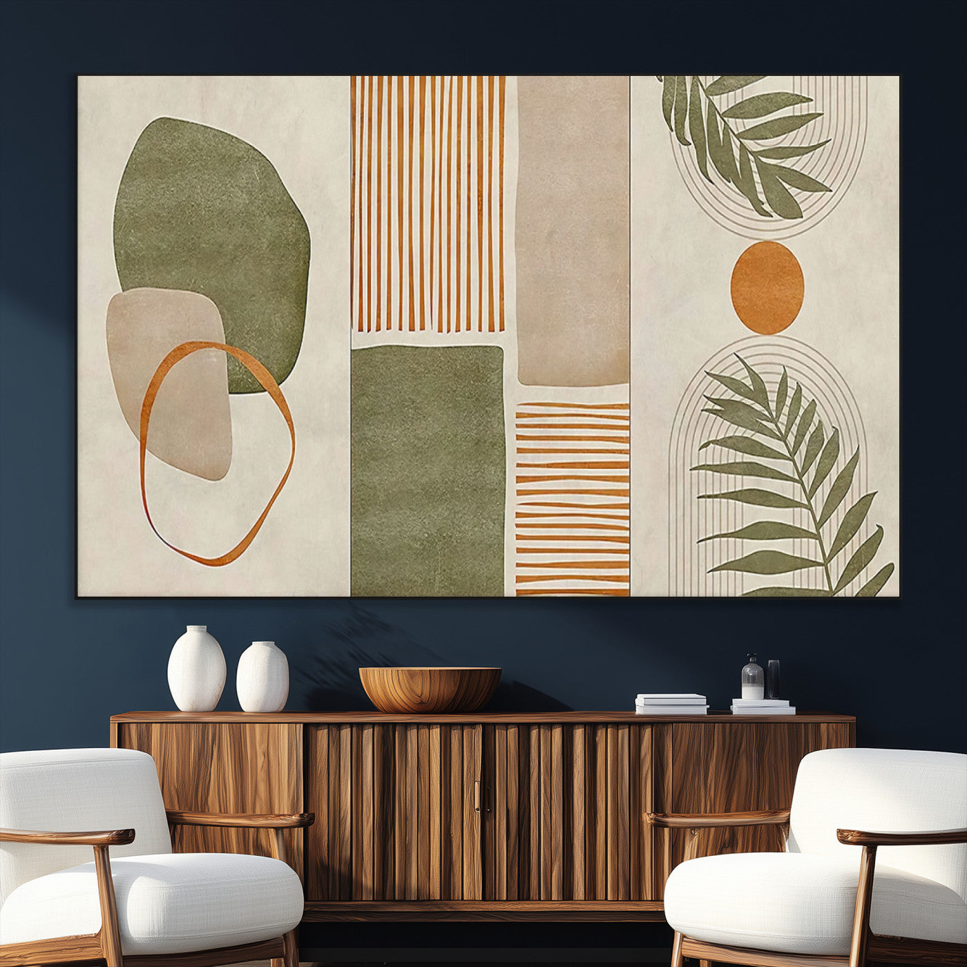 96002-SEG-FC-51X34_Oversize_Oversize-Abstract Geometric Wall Art – Modern Canvas Print with Green, Orange & Beige Shapes, Minimalist Home Decor for Living Room, Office