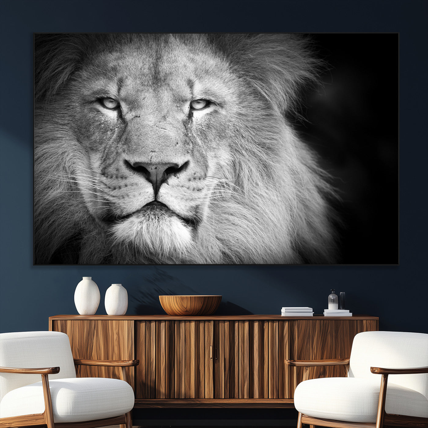 94453-SEG-FC-51X34_Oversize_Oversize-Lion Portrait Wall Art – Black and White King of the Jungle Canvas Print, Safari Wildlife Decor for Office, Bedroom, or Living