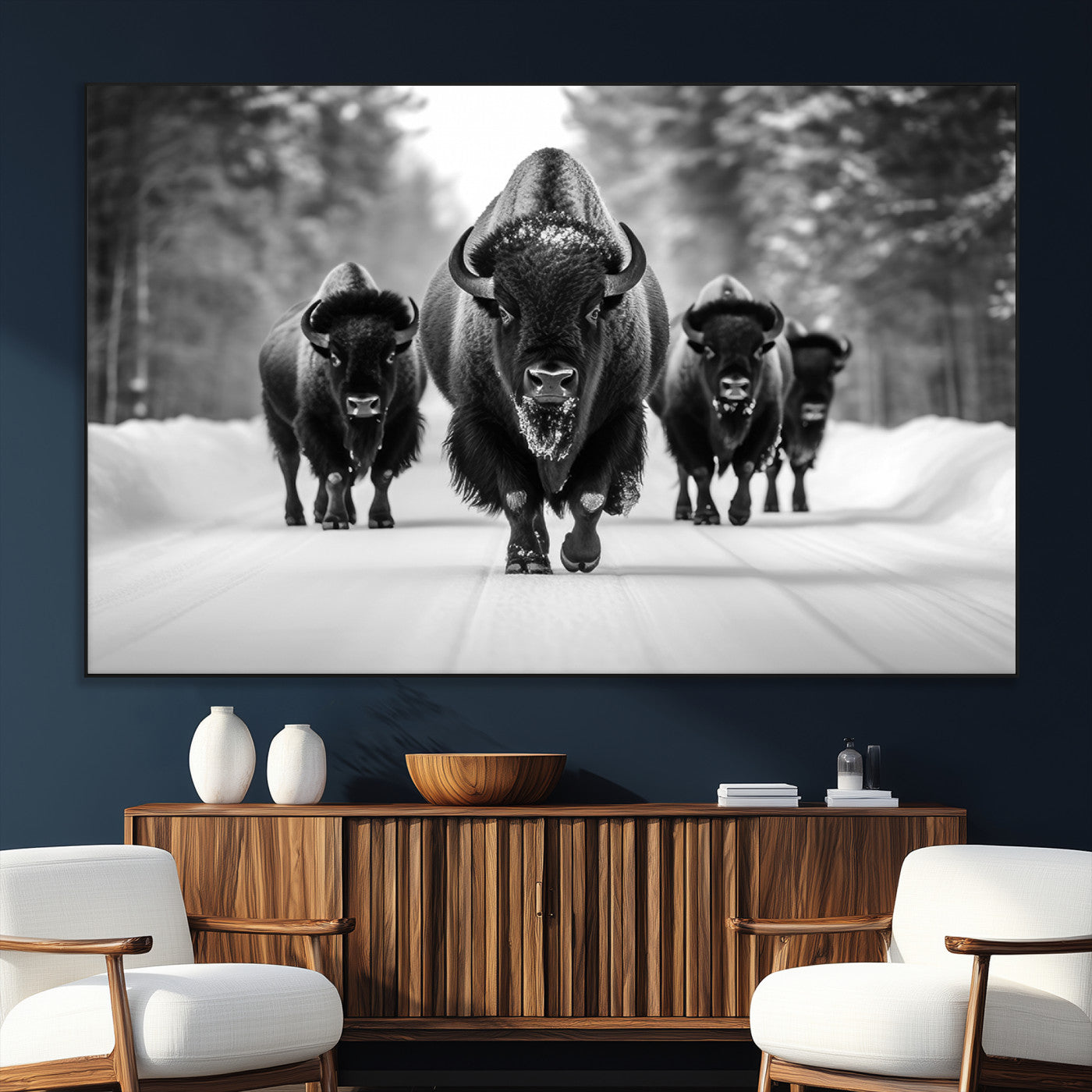 45287-SEG-FC-51X34_Oversize_Oversize-Bison Herd Wall Art – Black and White Buffalo Snow Road Canvas Print, Rustic Wildlife Decor for Cabin, Lodge or Living Room