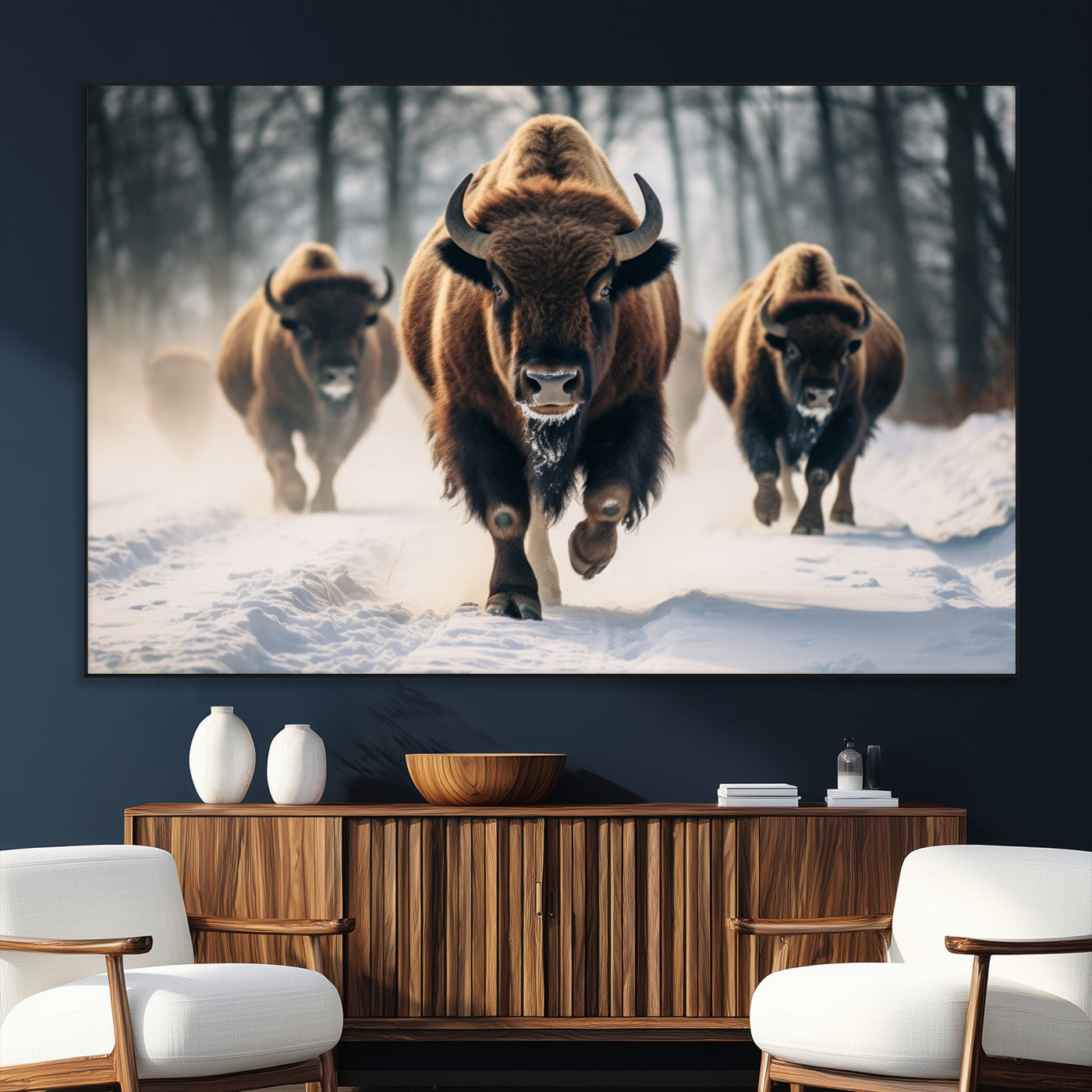 56549-SEG-FC-51X34_Oversize_Oversize-Wild Bison Wall Art – Majestic Buffalo Herd Running in Snow Canvas Print, Rustic Wildlife Photography Decor for Cabin, Lodge, or