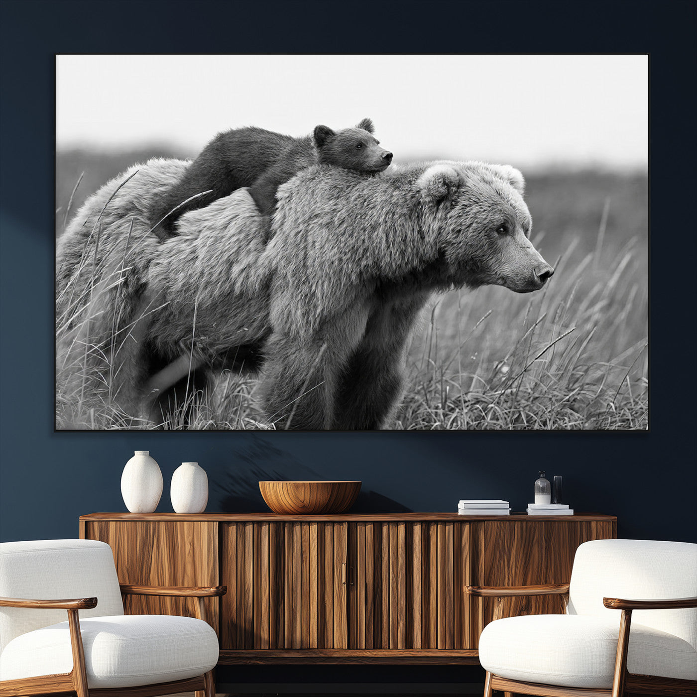 76338-SEG-FC-51X34_Oversize_Oversize-Mother Bear and Cub Wall Art – Black and White Wildlife Canvas Print, Rustic Nature Photography for Cabin, Living Room or Office