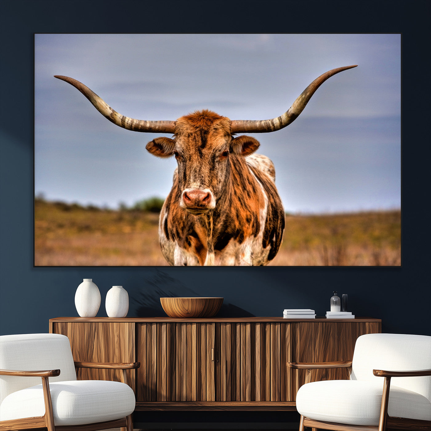 18594-SEG-FC-51X34_Oversize_Oversize-Texas Longhorn Bull Wall Art – Rustic Western Cattle Canvas Print, Country Farmhouse Decor for Living Room, Office or Cabin