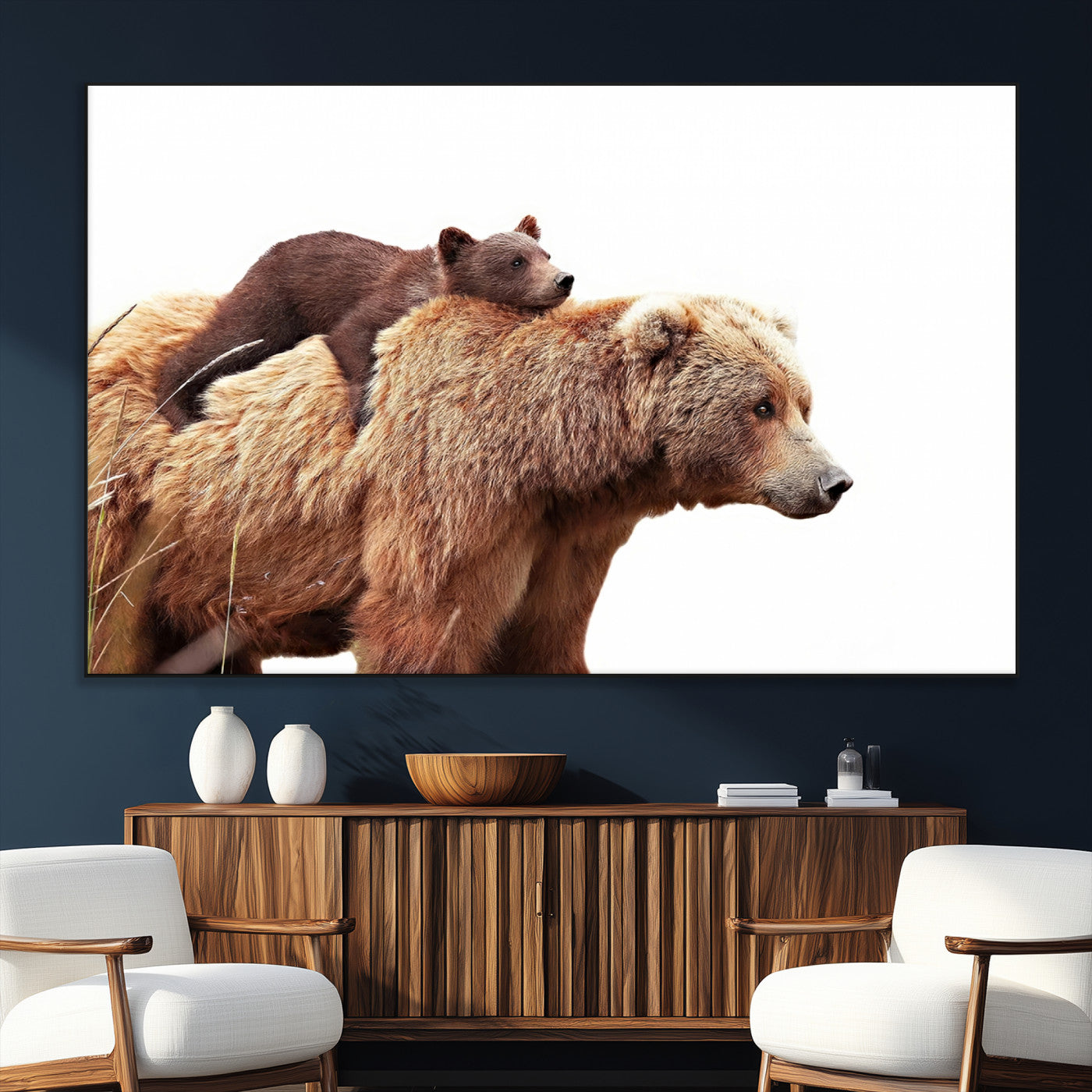 76943-MGV-CV-36X24-Mom Bear Wall Art Canvas Print, Framed Bear Photography Art Picture Print, Rustic Bear and Cub Perfect Rustic Farmhouse Decor