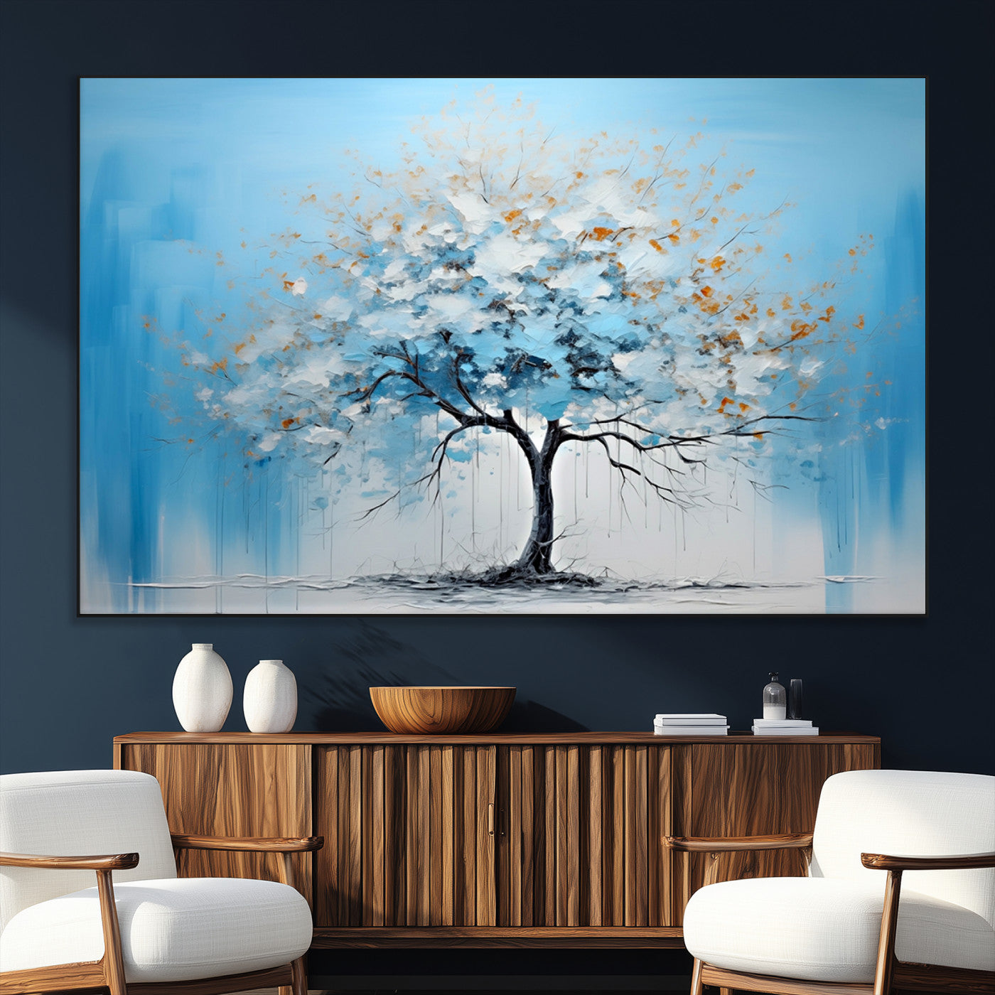 25021-SEG-FC-51X34_Oversize_Oversize-Abstract Tree Wall Art – Blue and White Canvas Painting with Gold Accents, Modern Nature-Inspired Artwork for Living Room, Bedroom
