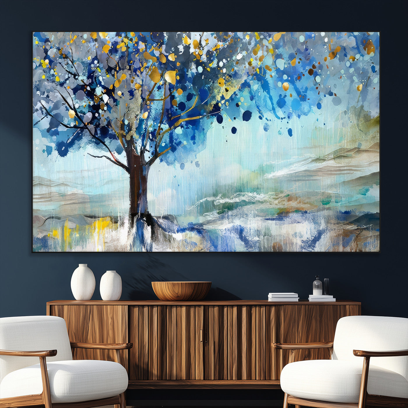 17018-MGV-CV-36X24-Abstract Blue Tree Wall Art – Colorful Canvas Painting with Gold and Silver Accents, Modern Nature Artwork for Living Room,