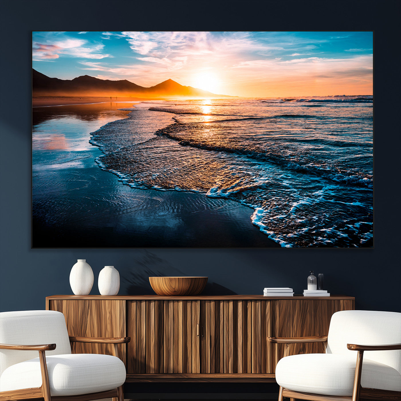 26494-MGV-CV-36X24-Ocean Sunset Wall Art – Scenic Beach Canvas Print with Waves and Mountains, Coastal Seascape Photography for Living Room, Bedroom