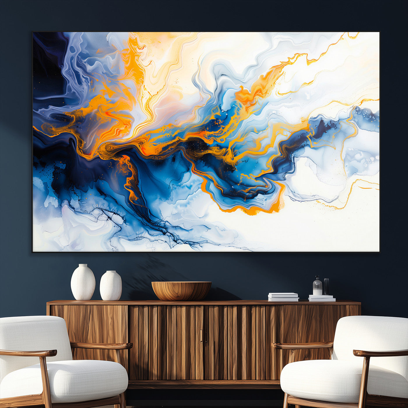 83720-SEG-FC-51X34_Oversize_Oversize-Abstract Fluid Wall Art – Blue, White and Gold Swirl Canvas Painting, Modern Contemporary Artwork for Living Room, Bedroom or