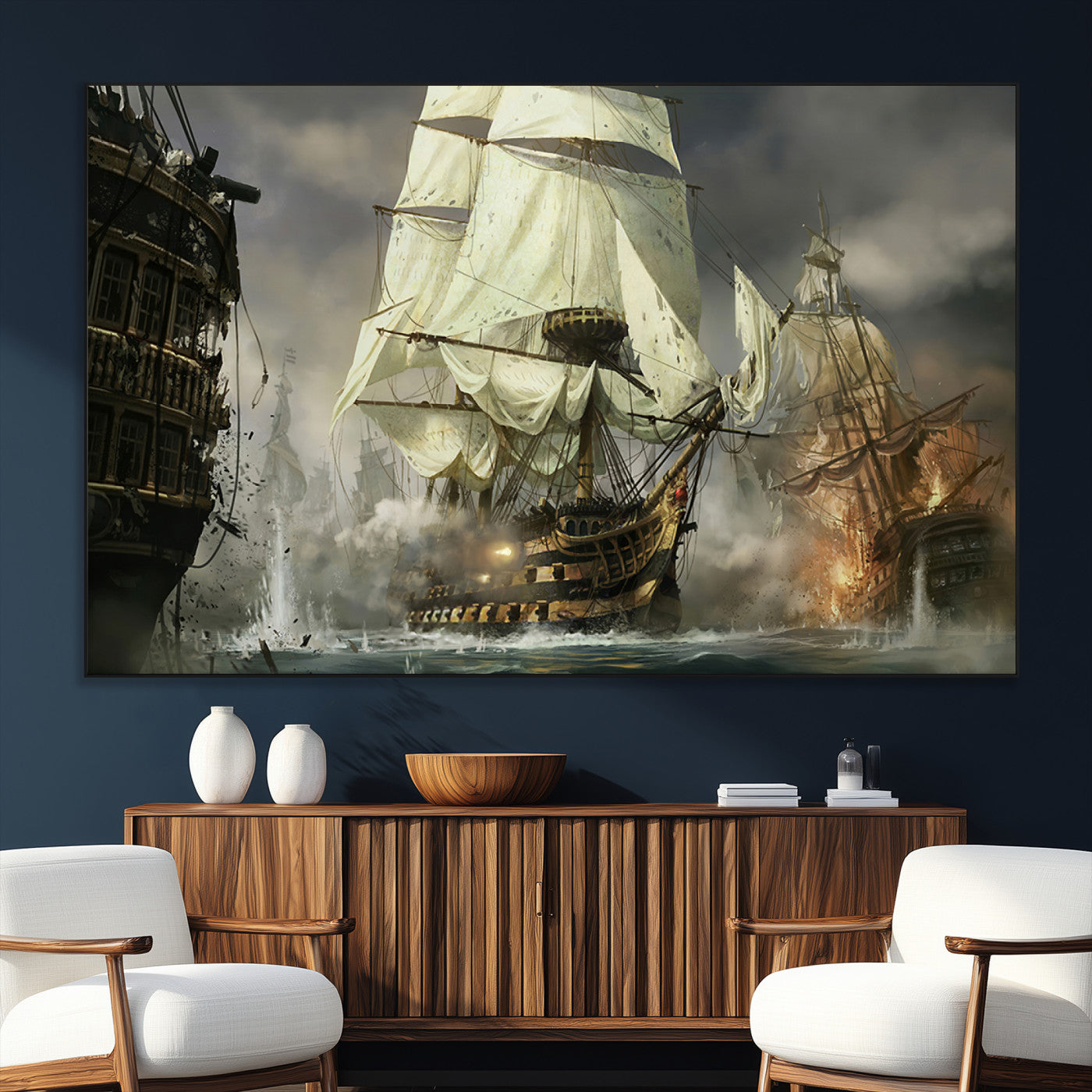 26512-SEG-FC-51X34_Oversize_Oversize-Naval Battle Wall Art – Dramatic Tall Ship Canvas Print, Historic Pirate Sailing War Scene, Nautical Decor for Office, Study or