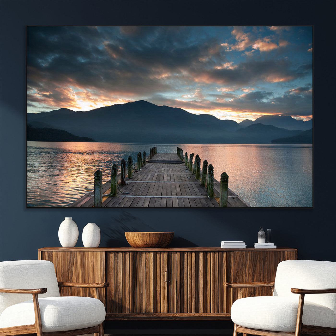 20442-SEG-FC-51X34_Oversize_Oversize-Lakeside Sunset Dock Wall Art – Peaceful Mountain Lake Canvas Print, Serene Nature Landscape Decor for Living Room, Bedroom or