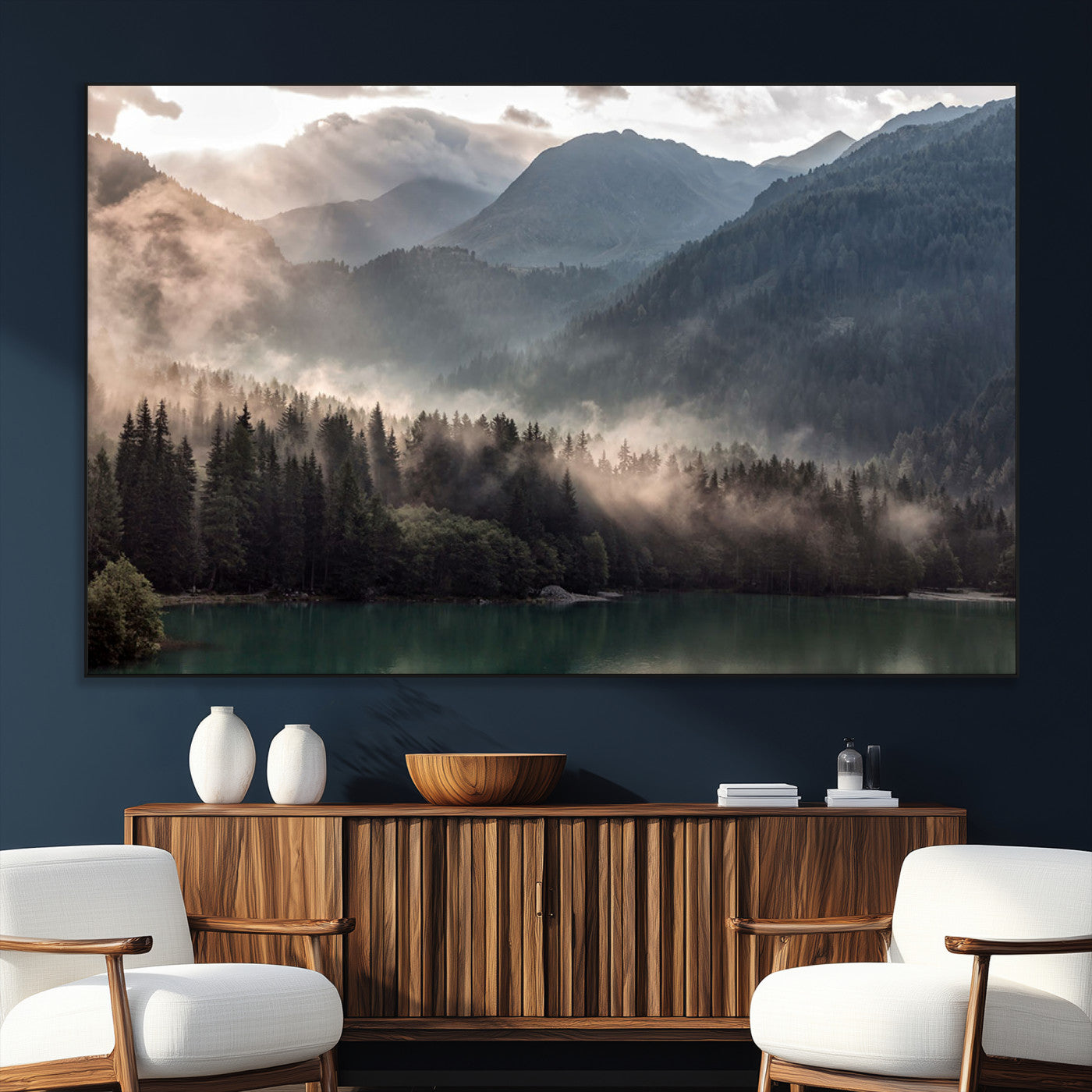 61116-SEG-FC-51X34_Oversize_Oversize-Misty Mountain Lake Wall Art – Tranquil Foggy Forest and Lake Canvas Print, Scenic Nature Landscape Decor for Living Room or