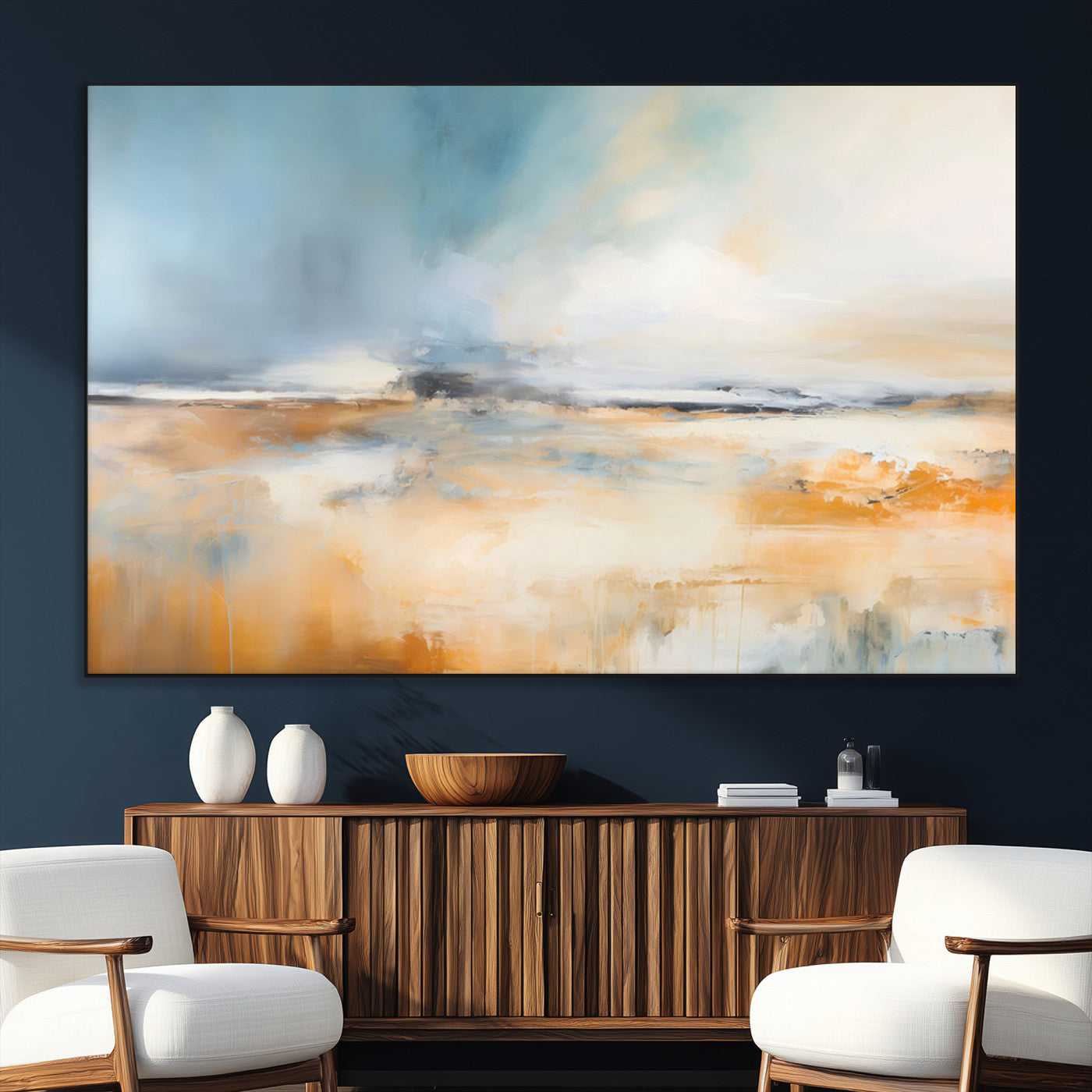 92764-SEG-FC-51X34_Oversize_Oversize-Abstract Landscape Wall Art – Modern Blue and Orange Canvas Print, Large Minimalist Painting for Living Room, Bedroom, Office or