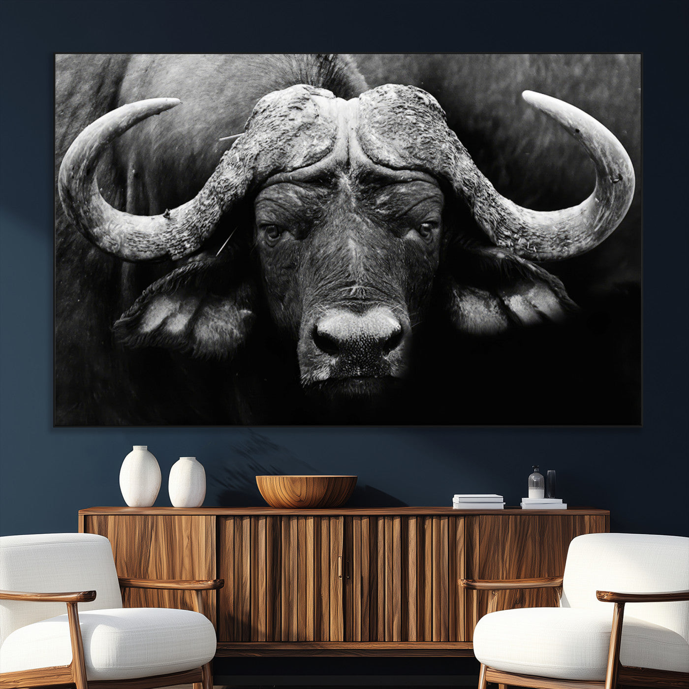 75273-SEG-FC-51X34_Oversize_Oversize-Buffalo Wall Art – Black and White African Buffalo Canvas Print, Rustic Wildlife Animal Artwork for Farmhouse, Living Room,