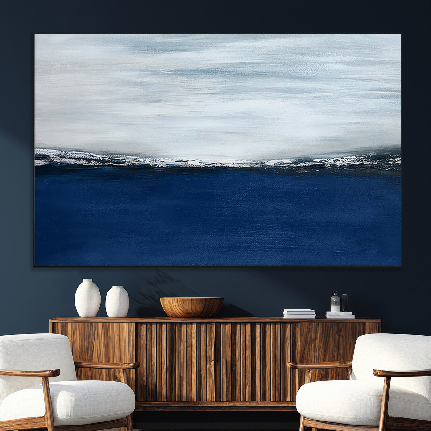 62197-MGV-CV-36X24-Abstract Ocean Wall Art – Minimalist Blue and White Canvas Print, Modern Coastal Seascape Painting for Bedroom, Living Room or