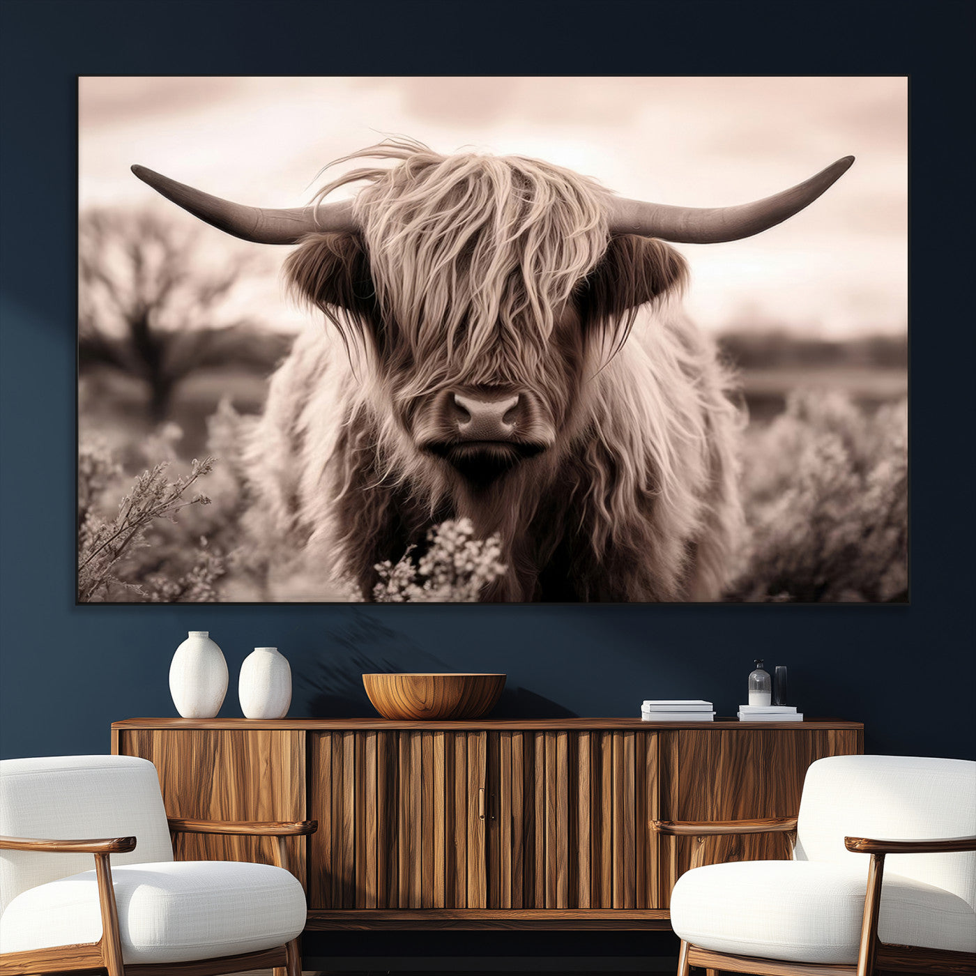55903-SEG-FC-51X34_Oversize_Oversize-Highland Cow Wall Art – Rustic Sepia Scottish Highland Bull Canvas Print, Farmhouse Country Animal Decor for Living Room, Bedroom