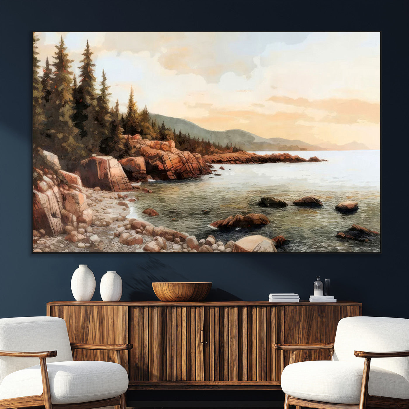77145-MGV-CV-36X24-Coastal Landscape Wall Art – Panoramic Rocky Shoreline and Pine Trees Canvas Print, Rustic Nature Decor for Cabin, Lodge, Office,