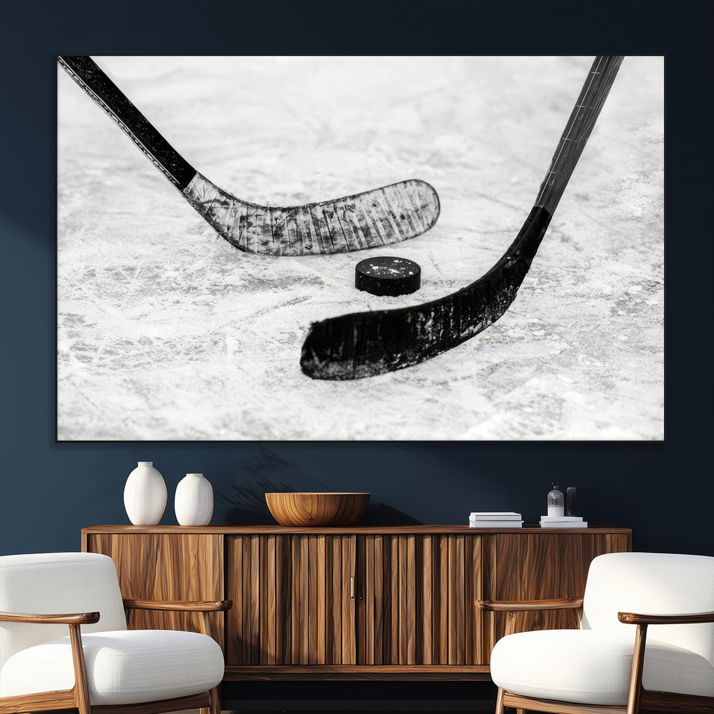 82900-SEG-FC-51X34_Oversize_Oversize-Hockey Wall Art – Black and White Canvas Print Ice Rink Sticks Puck Sports Photography, Modern Decor for Game Room, Man Cave,
