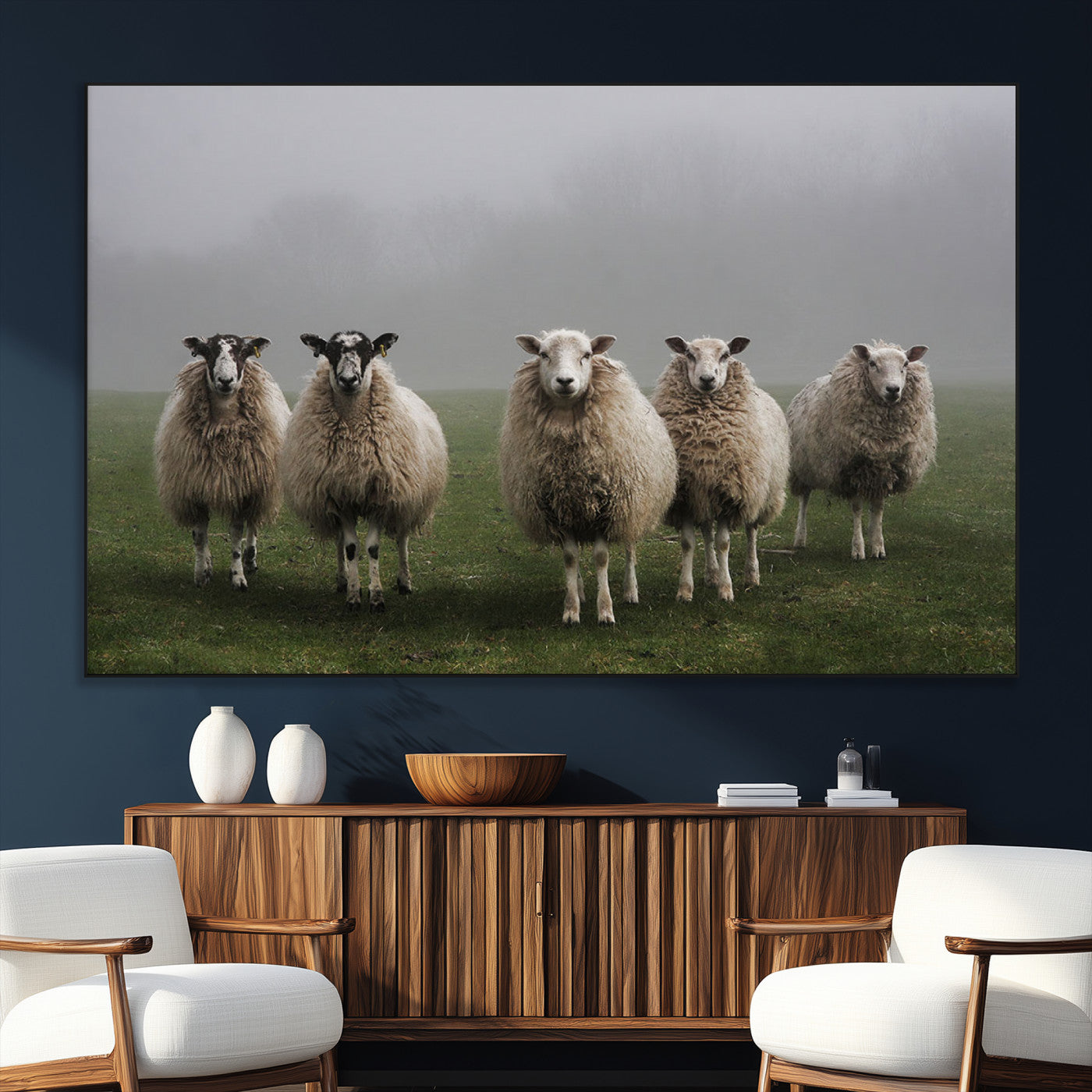 87339-MGV-CV-36X24-Sheep Wall Art – Rustic Farmhouse Canvas Print Flock Standing Misty Field Countryside Photography, Country Animal Decor for Living