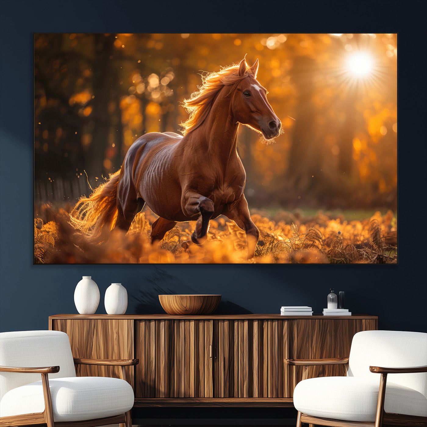 92144-MGV-CV-36X24-Sunset Horse Wall Art Canvas Print, Framed Horse Barn Art Picture Print, Majestic Horse Perfect Rustic Farmhouse Decor Artwork