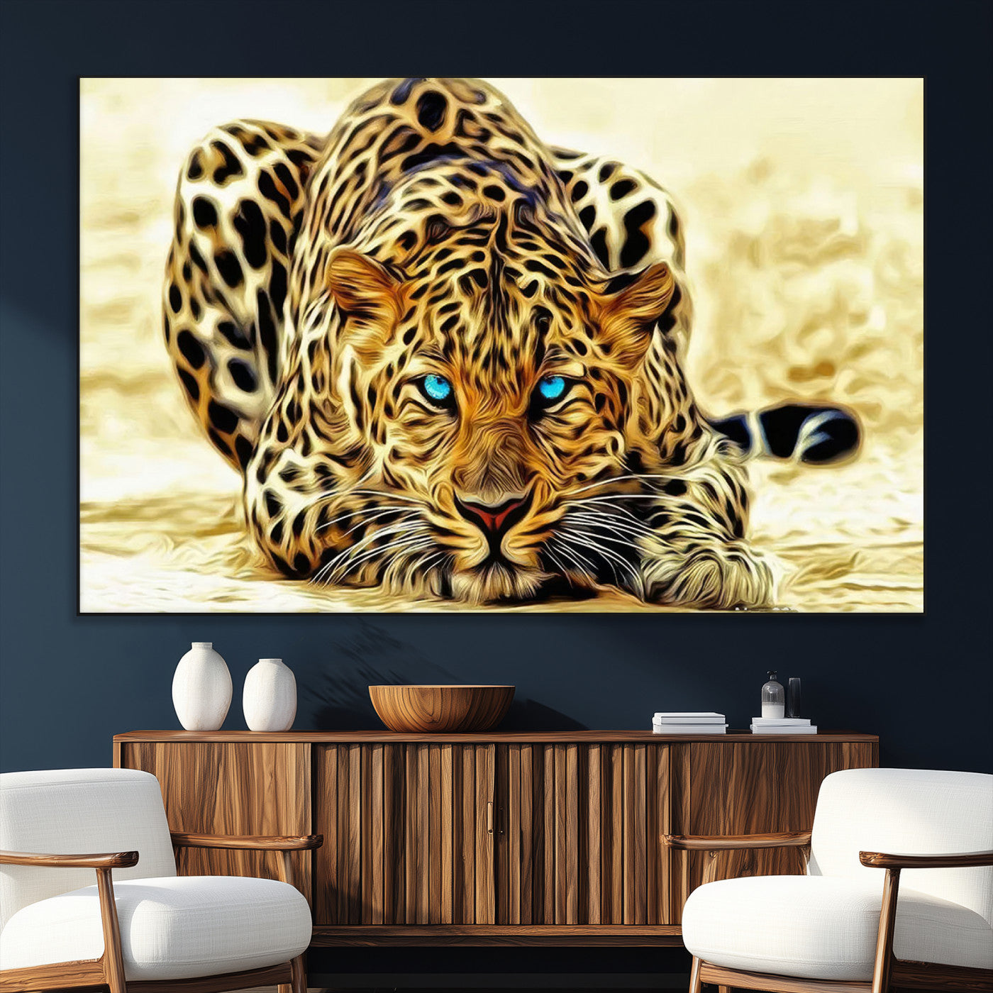 45281-MGV-CV-36X24-Blue Eye Leopard Wall Art Canvas Print, Framed Leopard Painting Art Picture Print, Big Cat Perfect Safari Wildlife Decor Artwork