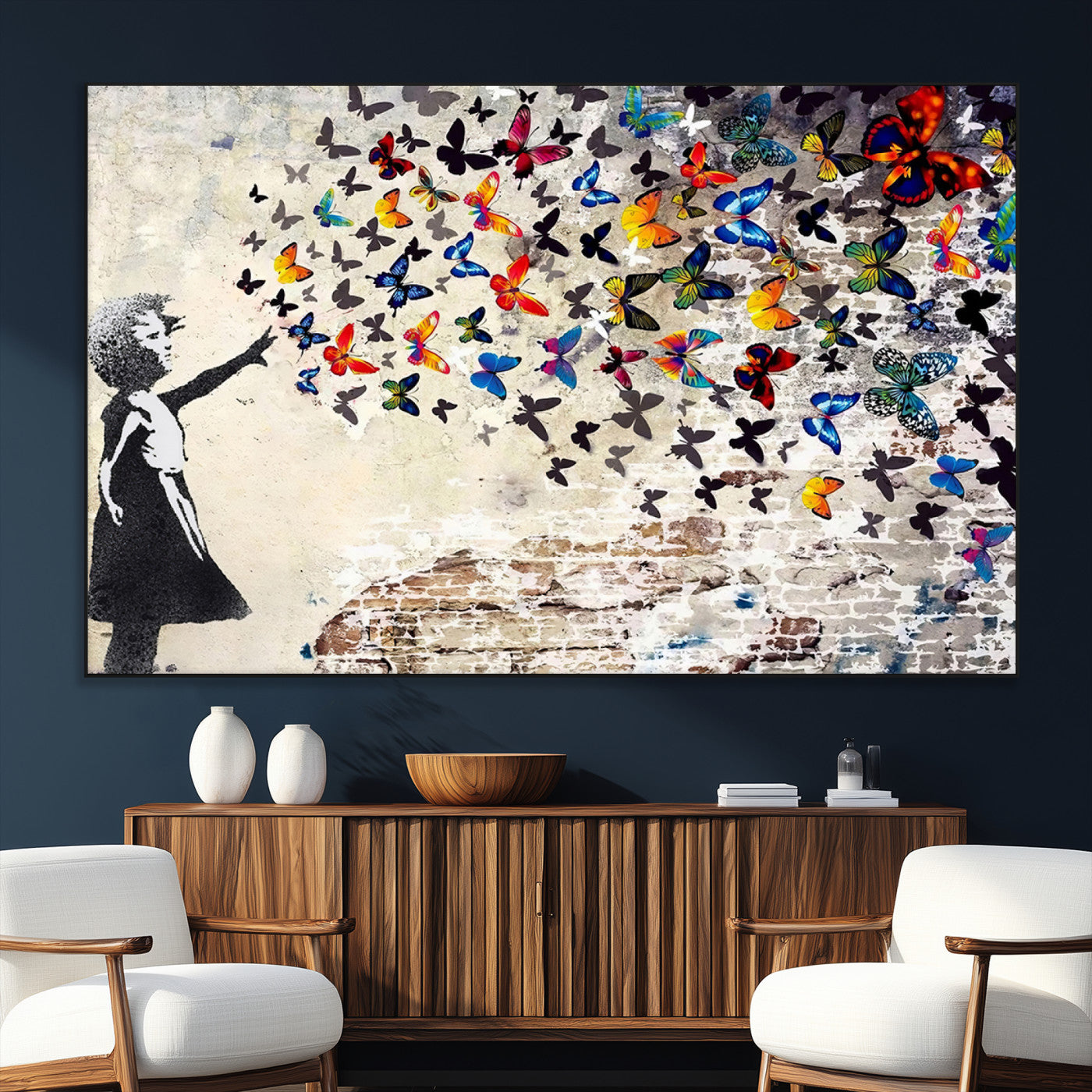 97895-SEG-FC-51X34_Oversize_Oversize-Girl with Butterflies Wall Art – Colorful Street Art Style Canvas Print, Modern Graffiti-Inspired Butterfly Artwork for Living