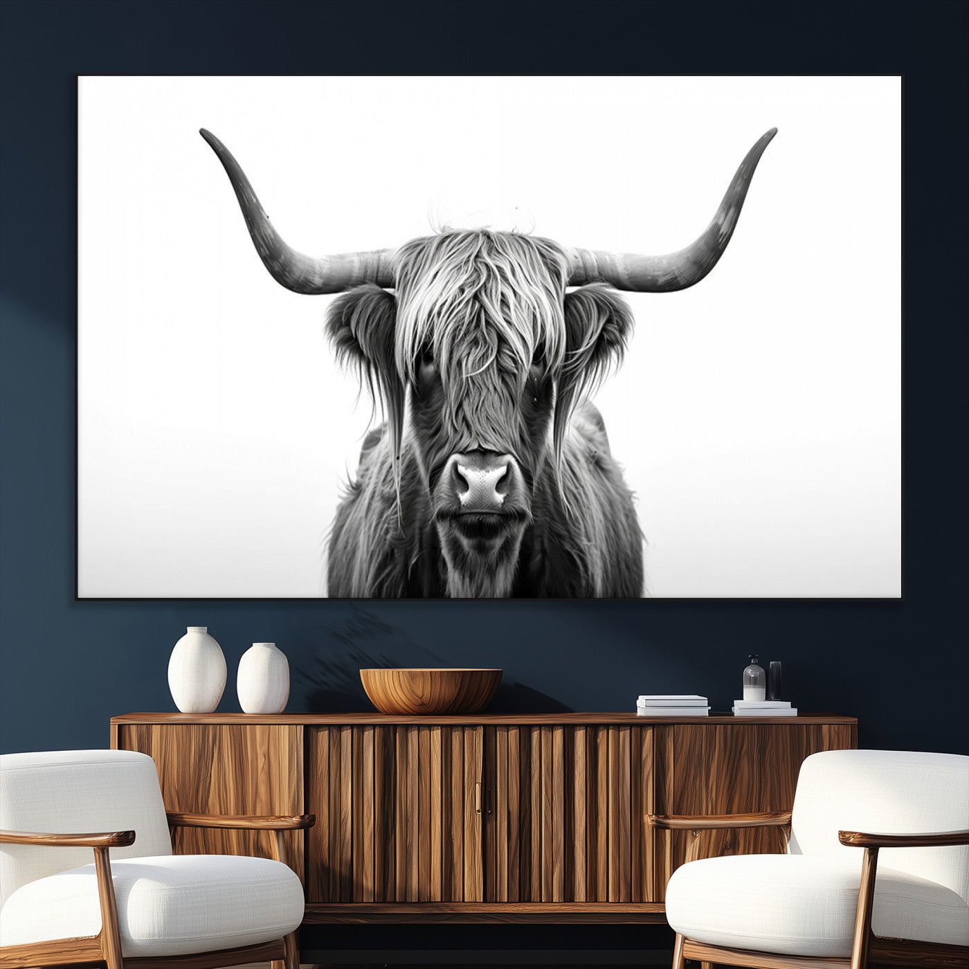 49556-SEG-FC-51X34_Oversize_Oversize-Highland Cow Wall Art – Black and White Scottish Highland Cattle Print, Rustic Farmhouse Minimalist Animal Portrait Canvas for