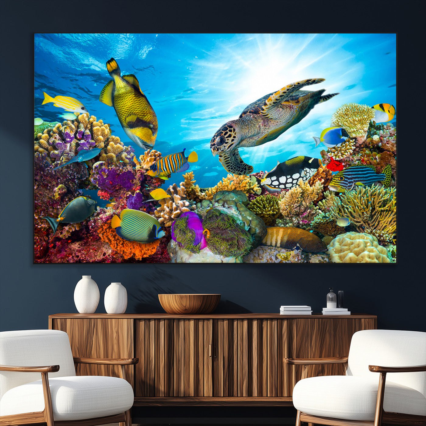 44772-SEG-FC-51X34_Oversize_Oversize-Underwater Sea Turtle Wall Art – Vibrant Coral Reef and Tropical Fish Canvas Print, Ocean Marine Life Decor for Living Room,
