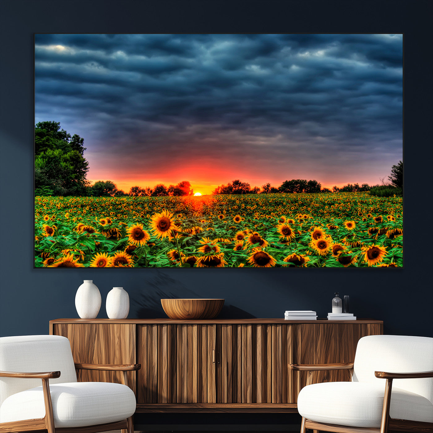 45045-SEG-FC-51X34_Oversize_Oversize-Sunflower Field Sunset Wall Art – Dramatic Stormy Sky Landscape Print, Vibrant Yellow Floral Nature Canvas for Living Room,