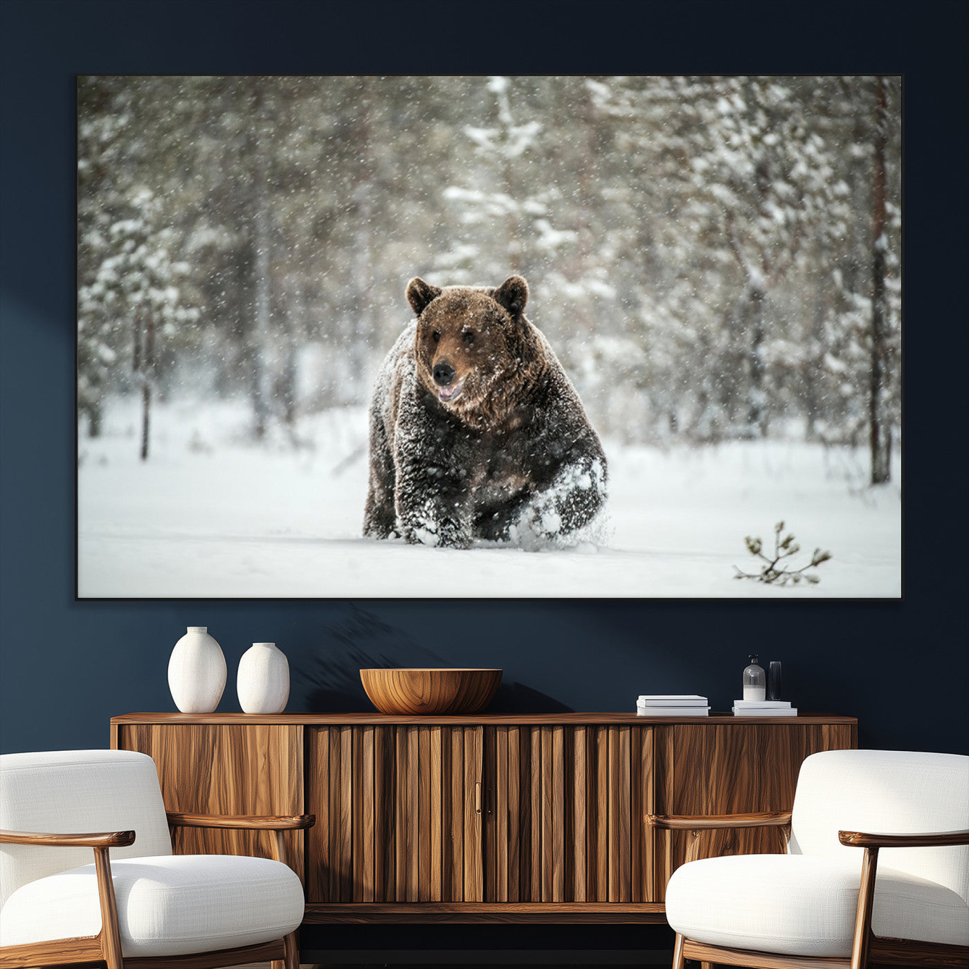 43350-SEG-FC-51X34_Oversize_Oversize-Wild Bear in Snow Wall Art – Majestic Wildlife Photography Print, Winter Forest Nature Decor for Cabin, Lodge, Rustic Home,