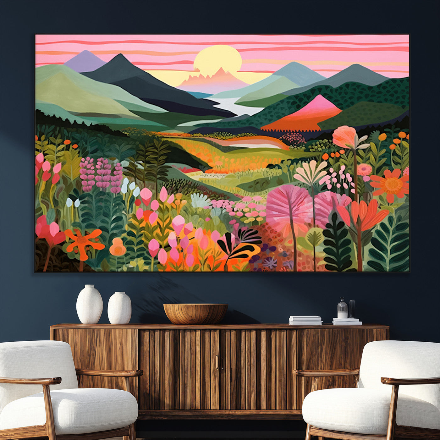 99638-SEG-FC-51X34_Oversize_Oversize-Sunset Meadow Wall Art – Panoramic Mountain Landscape with Wildflowers Canvas Print, Vibrant Nature Decor for Living Room, Bedroom