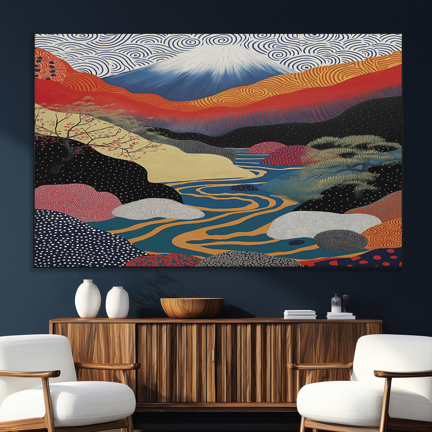 22313-MGV-CV-36X24-Yayoi Kusama Wall Art – Abstract Mount Fuji Landscape Canvas Print, Vibrant Japanese Nature Scene with River, Mountains and Sky