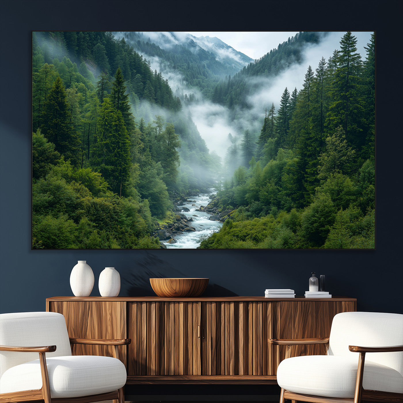 69453-SEG-FC-51X34_Oversize_Oversize-Mountain Forest Wall Art – Misty River and Evergreen Landscape Canvas Print, Nature Photography Poster for Living Room, Bedroom,