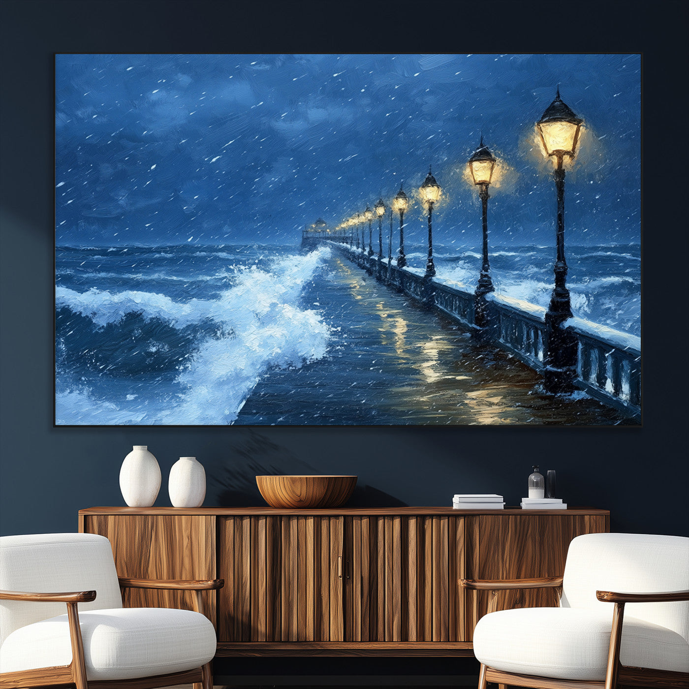 32668-SEG-FC-51X34_Oversize_Oversize-Stormy Pier Wall Art – Ocean Waves and Street Lamps Canvas Print, Rainy Night Seascape Oil Painting Poster for Living Room,