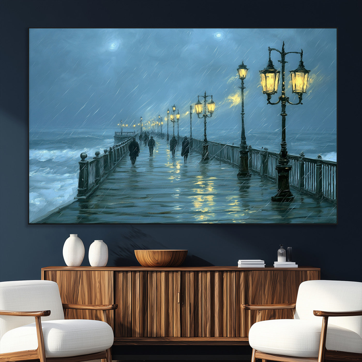 79606-SEG-FC-51X34_Oversize_Oversize-Rainy Pier Night Wall Art – Ocean Waves and Street Lamps Canvas Print, Moody Seascape Oil Painting Poster for Living Room,